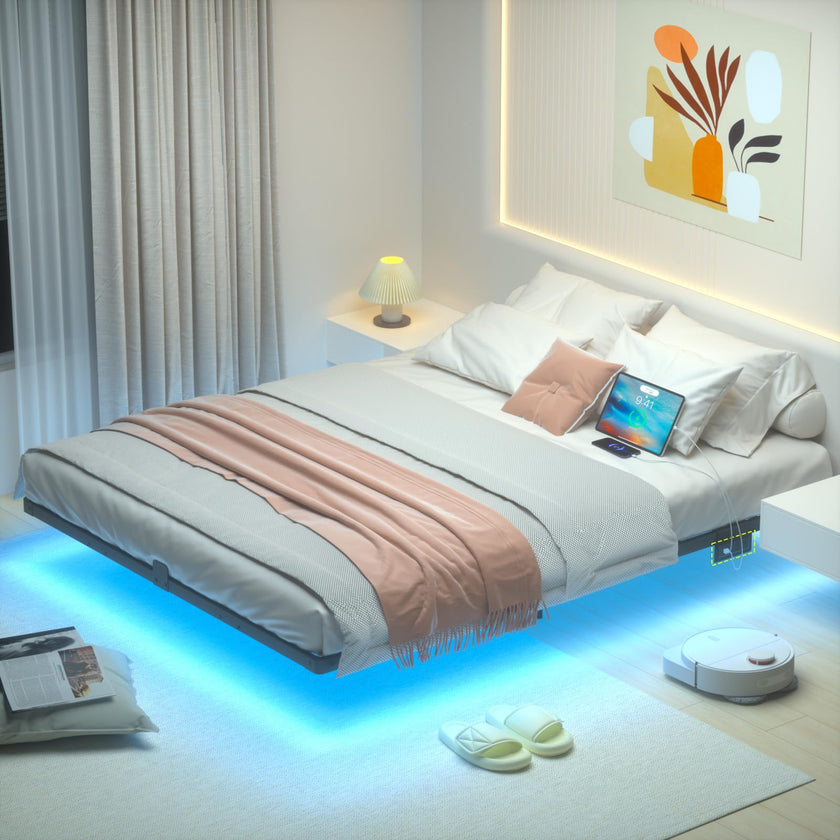 LOAKEKEL Queen Bed Frame, with USB Charging Station, Floating Bed Frame Queen Size with Smart LED Lights, Metal Platform Bed, Heavy Duty Steel Slat, No Box Spring Needed, Easy Assembly, HBF150BK 🍁 All In One Marketplace Canada