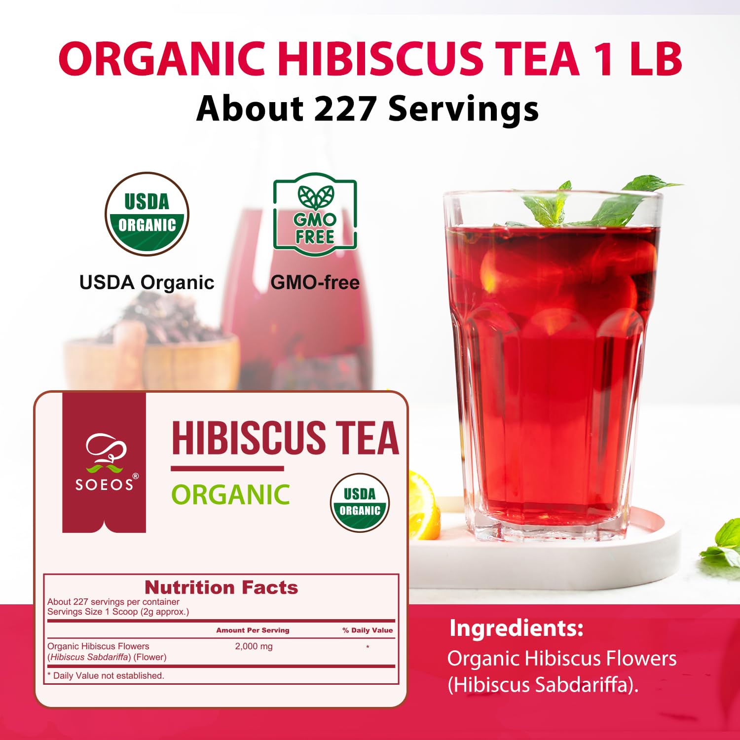 Soeos Organic Hibiscus Tea, 1lb (16oz) Whole Dried Hibiscus Flowers, Caffeine-Free Herbal Tea with Bold Tart Flavor, Perfect for Iced Tea, Hot Infusions & Floral Blends. 🍁 All In One Marketplace Canada