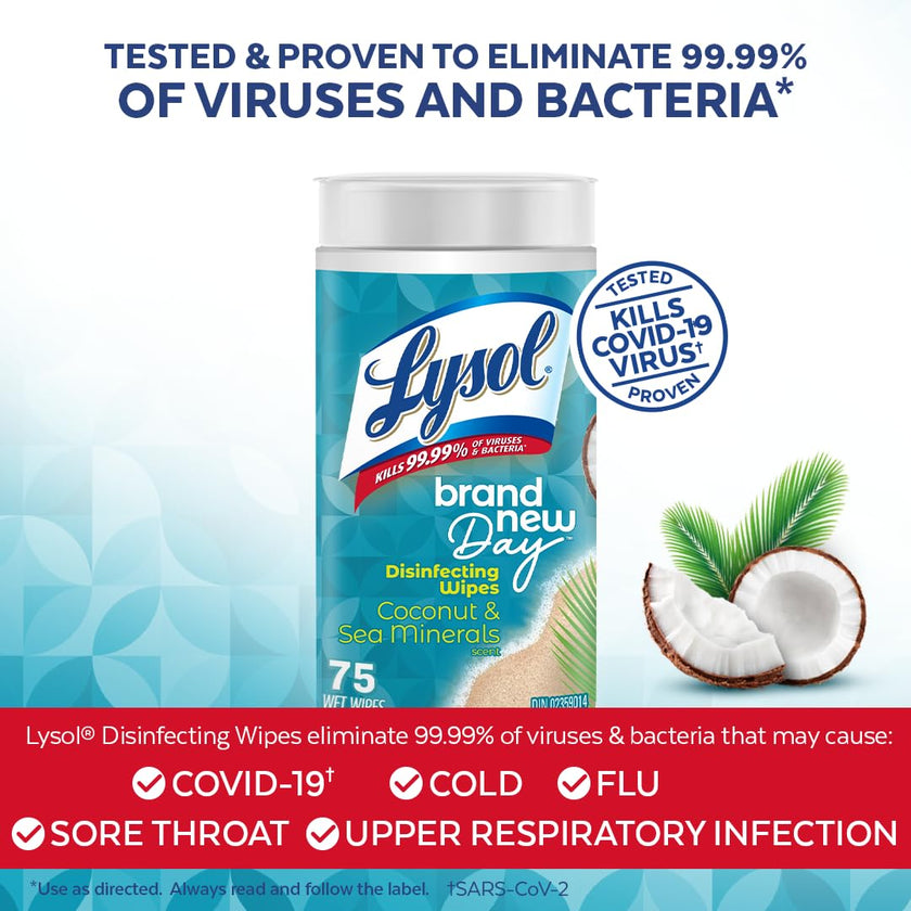 Lysol Disinfecting Wipes, Thick Cleaning Wipes with Micro-Pocket Pattern for Home & Electronics, Kills 99.9% of Germs, Removes Allergens, Coconut & Sea Minerals Scent, 6 X 75 Count (450 Total Wipes) 🍁 All In One Marketplace Canada