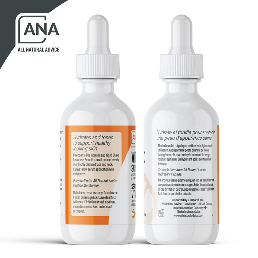 All Natural Advice Vitamin C Serum 60mL | 20% Vitamin C Face Serum Solution with Organic Botanicals, Hyaluronic Acid & Vitamin E | UV-Shielding Glass Bottle, Spray & Dropper | Canadian Skin Care 🍁 All In One Marketplace Canada