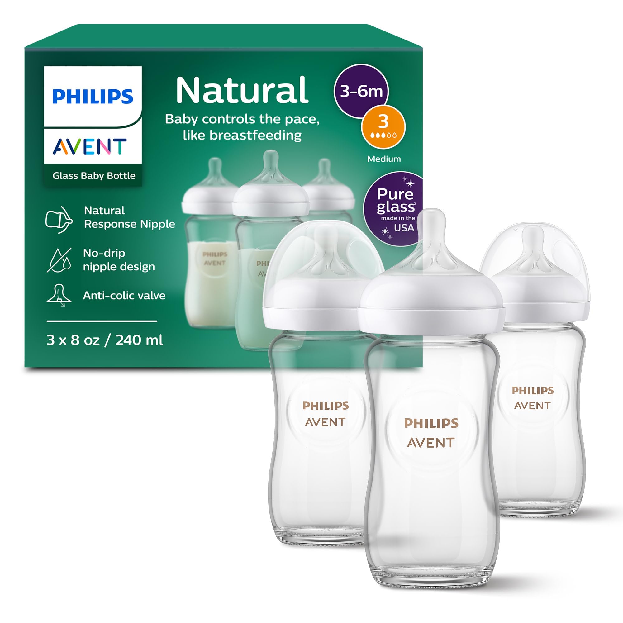 Philips Avent Natural Glass Baby Bottles with Natural Response Nipples (Medium Flow, Flow 3), 8oz, 3-pack, SCY913/03 🍁 All In One Marketplace Canada