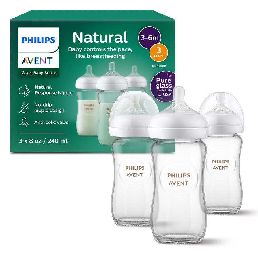 Philips Avent Natural Glass Baby Bottles with Natural Response Nipples (Medium Flow, Flow 3), 8oz, 3-pack, SCY913/03 🍁 All In One Marketplace Canada