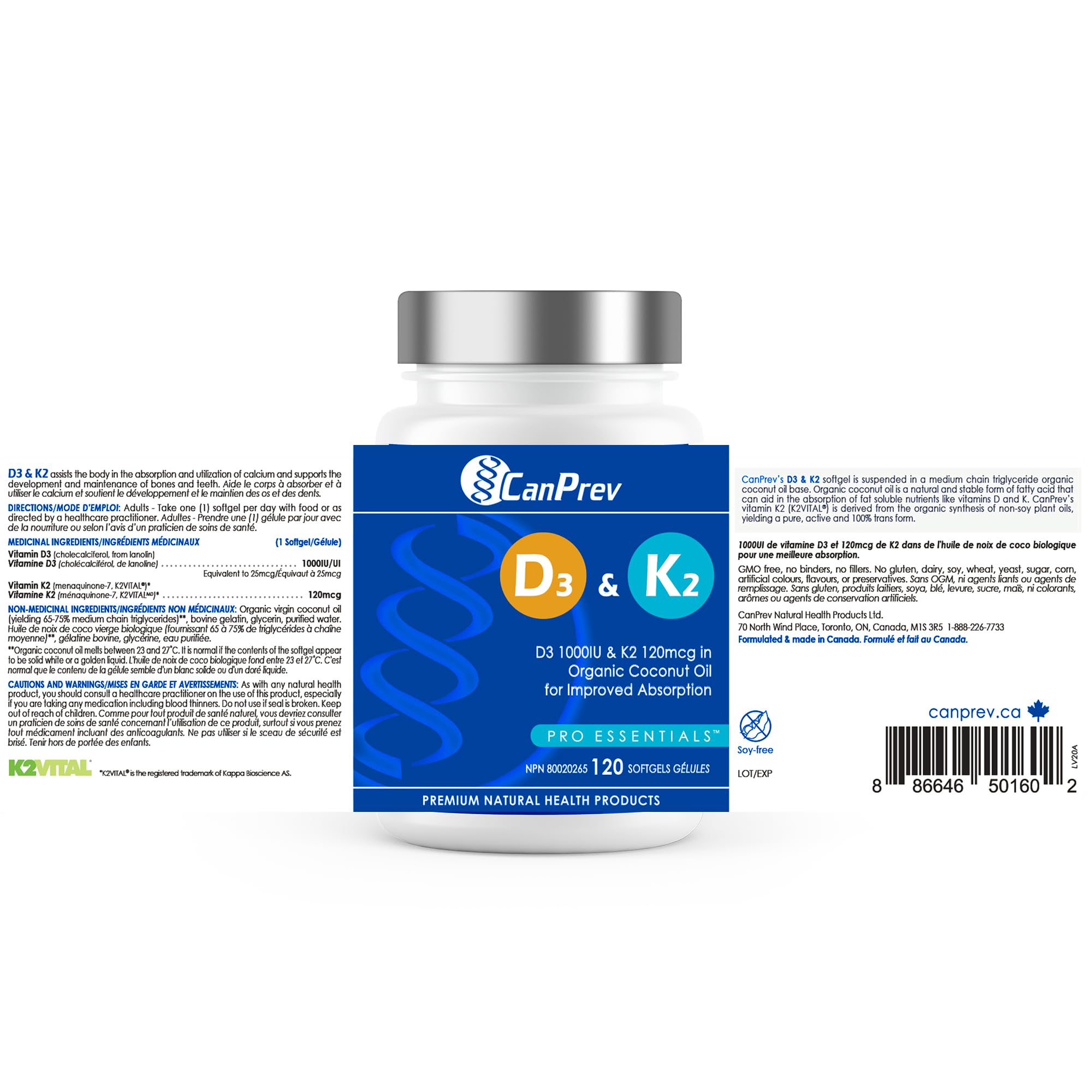 CanPrev D3 & K2 Vitamins 120 Softgels, 120-Day Supply, 1000IU Vitamin D3 & 120mcg K2, Supports Strong Bones, Teeth & Heart Wellness, Easy-to-Absorb with Organic Coconut Oil, No GMO, Gluten, Soy, Dairy 🍁 All In One Marketplace Canada