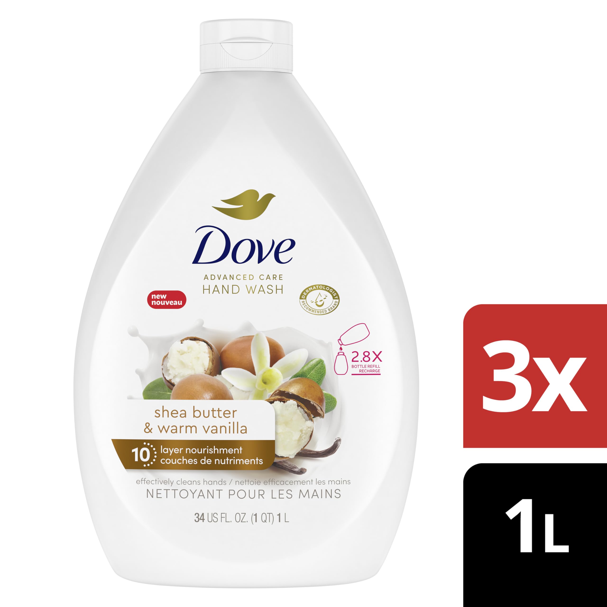 Dove Advanced Care Shea Butter & Warm Vanilla Hand Wash for soft, smooth skin, Bottle Refill nourishes skin 10 layers deep, 1 L (Pack Of 3) 🍁 All In One Marketplace Canada