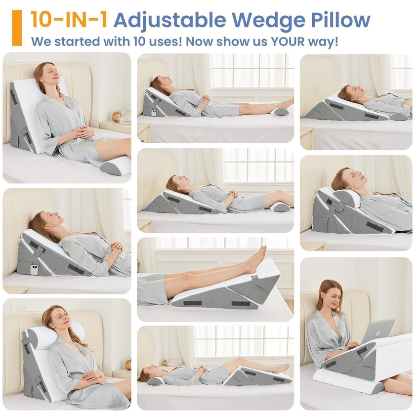 Sasttie Wedge Pillows for Adult, 2PCS Adjustable Bed Wedge Pillow for Post Surgery, Triangle Pillow Headboard with Bolster Cushion for Sleeping, Acid Reflux, Neck & Back Support, White and Dark Grey 🍁 All In One Marketplace Canada