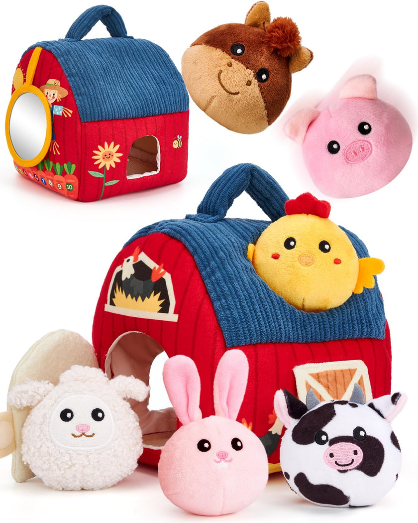 hahaland Montessori Baby Toys 6-12 Months - Surprise Barn with Stuffed Farm Animals Toys for Babies with Rattle & Mirror, Sensory Toys for Babies Boy Girl, Travel Toys for Toddlers 1-3 🍁 All In One Marketplace Canada