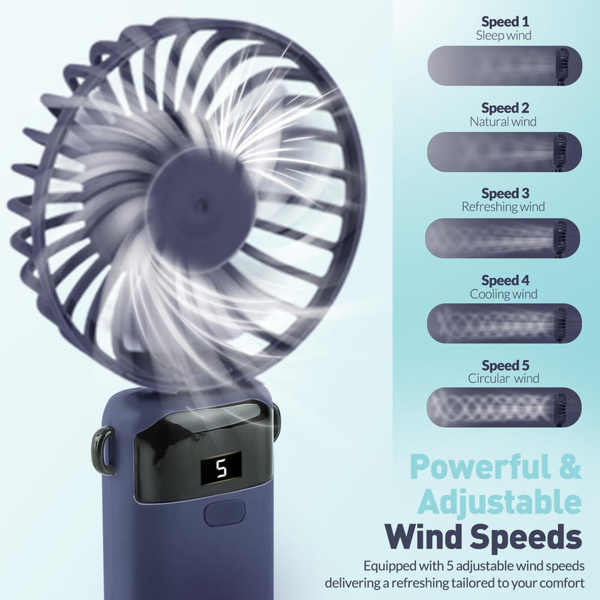 Portable Handheld Fan Rechargeable Small Fan 5 Speeds with Lanyard and Base USB Desk Fan Foldable Quiet Personal Fan with LED Display for Office, Home, Travel, Outdoor 🍁 All In One Marketplace Canada