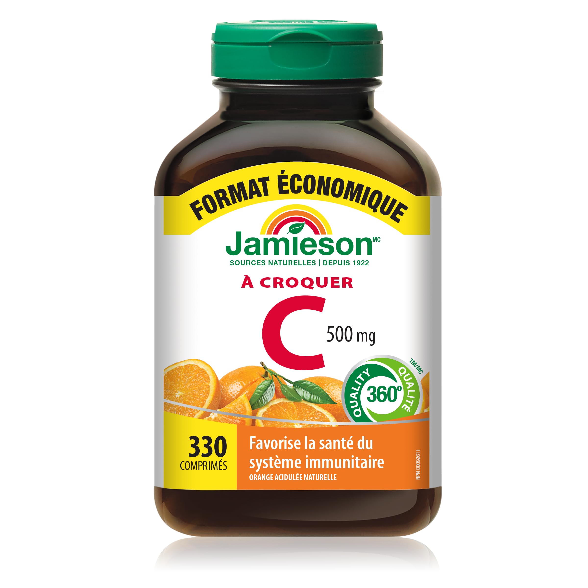 Jamieson Chewable Vitamin C 500 mg Natural Tangy Orange, Supports Immune Health, Strong Teeth and Bones. Family Friendly (4+), Vegetarian, Non-GMO, Gluten-Free, No Artificial Flavours, Colours, or Preservatives, 330 Count, Proudly Canadian