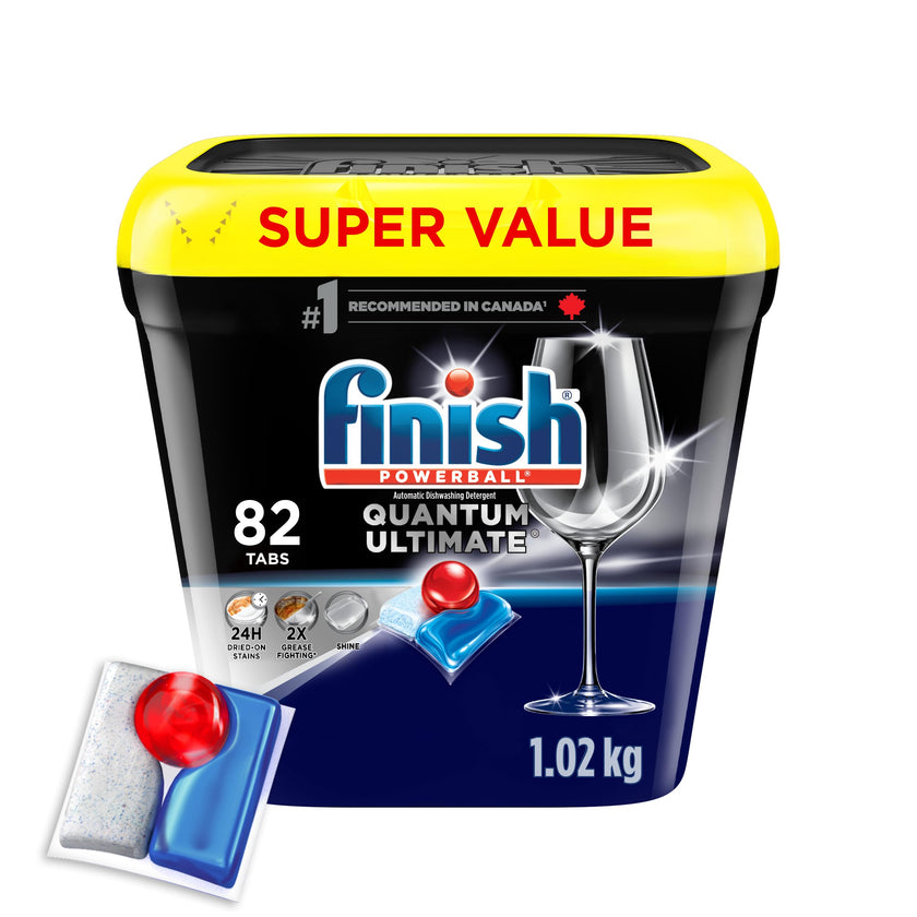 Finish Quantum Ultimate Dishwasher Detergent Pods, 3-Chamber Formula with Powerball, 2X Grease Fighting*, 24H Dried-On Stains, Deep Clean, Virtually Spotless Shine, No Pre-Rinse, 82 Tabs 🍁 All In One Marketplace Canada