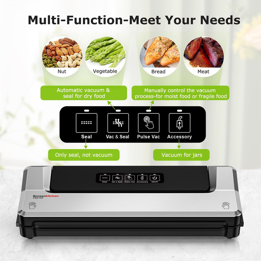 Bonsenkitchen Vacuum Sealer Machine, 90Kpa Powerful Food Sealer, Multi-Functional Food Vacuum Sealer with Vacuum Bags & Accessory Hose,Globefish Technology for High-Speed Continuous Working, Silver 🍁 All In One Marketplace Canada