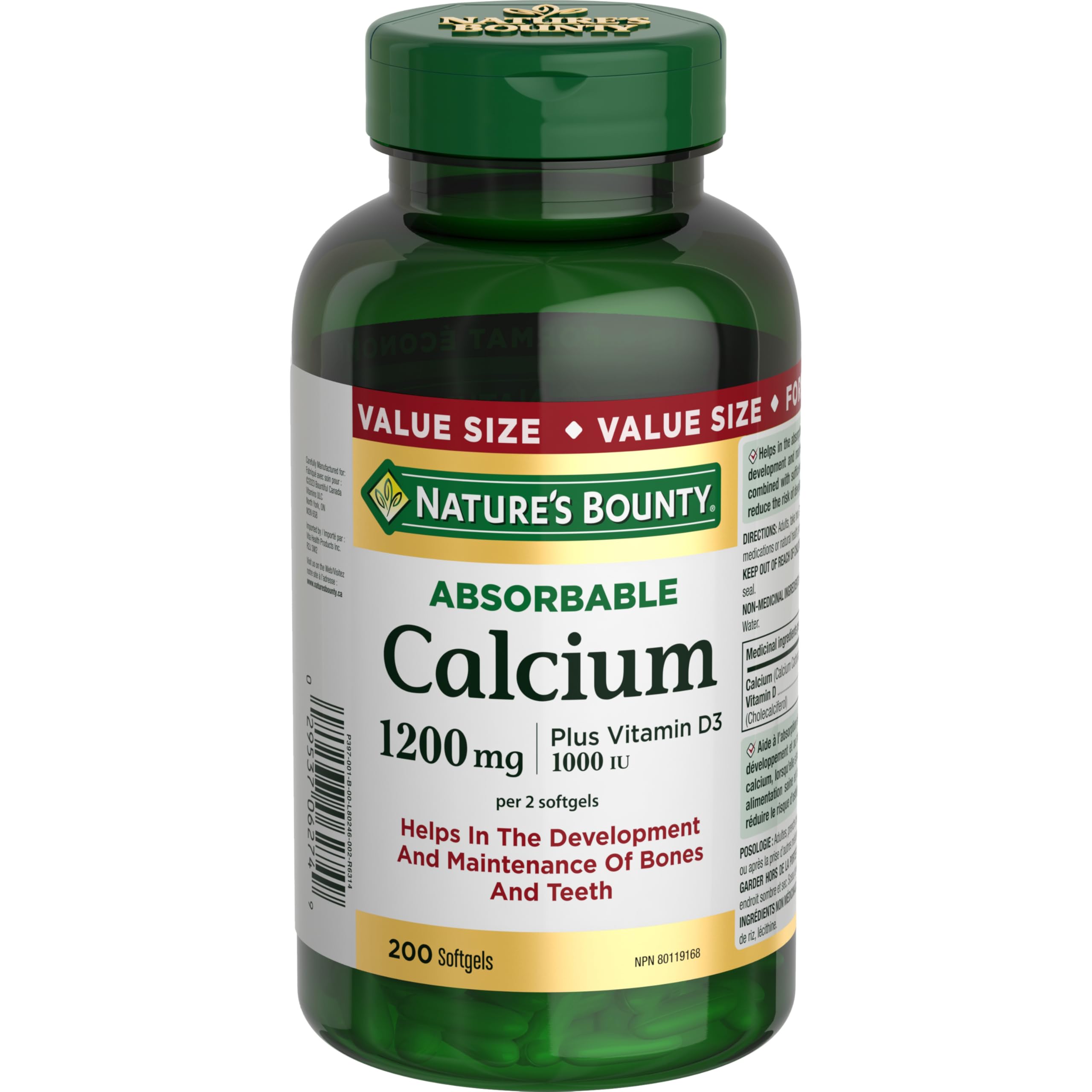 NATURE'S BOUNTY Calcium Plus Vitamin D3, Absorbable, 1200 mg, Helps Bones & Teeth, Softgels, 535 g 🍁 All In One Marketplace Canada