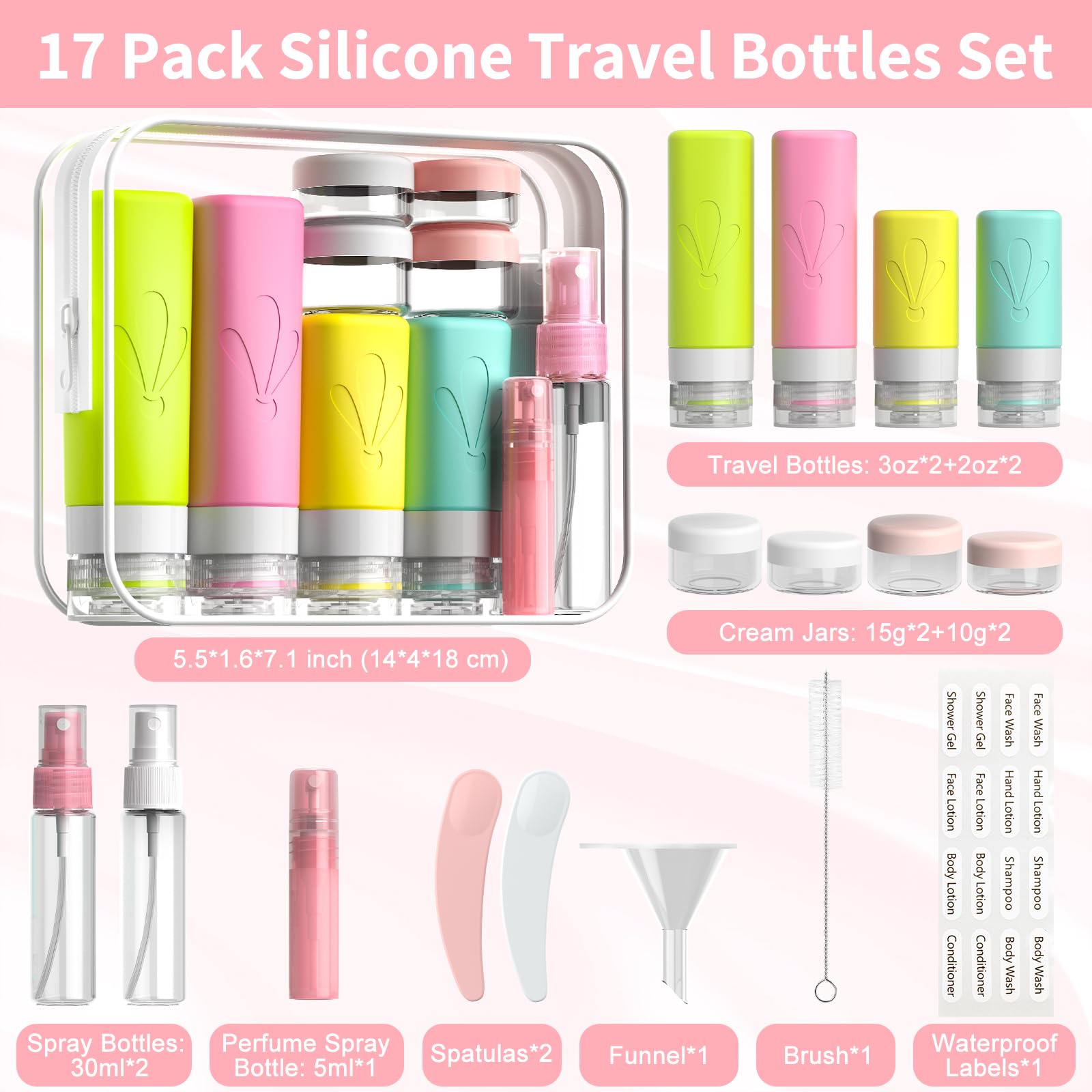 INSFIT 17 Pack Travel Bottles for Toiletries, TSA Approved 90ml 60ml Travel Size Toiletries, BPA Free Leak Proof Squeezable Silicone Tubes Travel Essentials for Shampoo Conditioner Lotion Soap 🍁 All In One Marketplace Canada