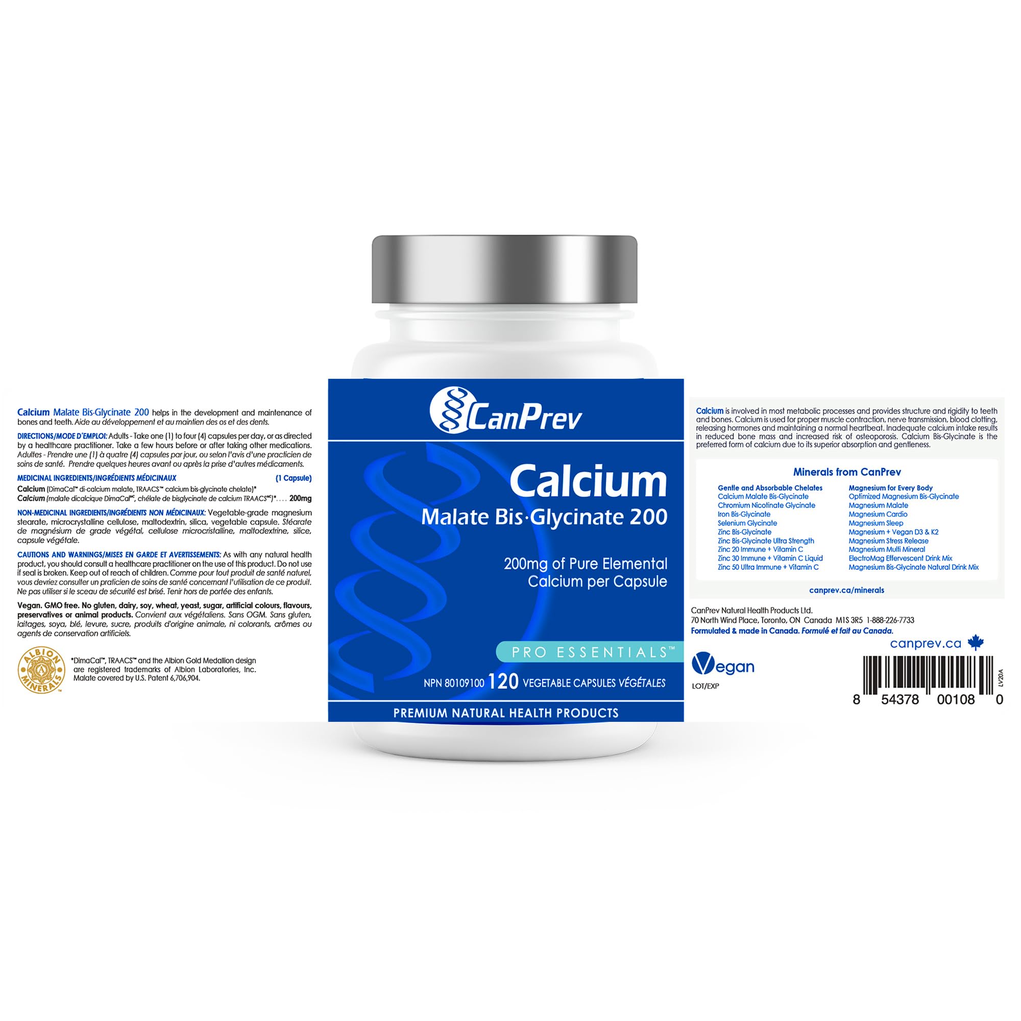 CanPrev Calcium Malate Bis-Glycinate Supplement, 120 Capsules 120-Day Supply - Therapeutic 200mg Elemental - Ideal for Healthy Bones, Teeth, Muscle Cramps and Promote Relaxation - Vegan and Non-GMO 🍁 All In One Marketplace Canada