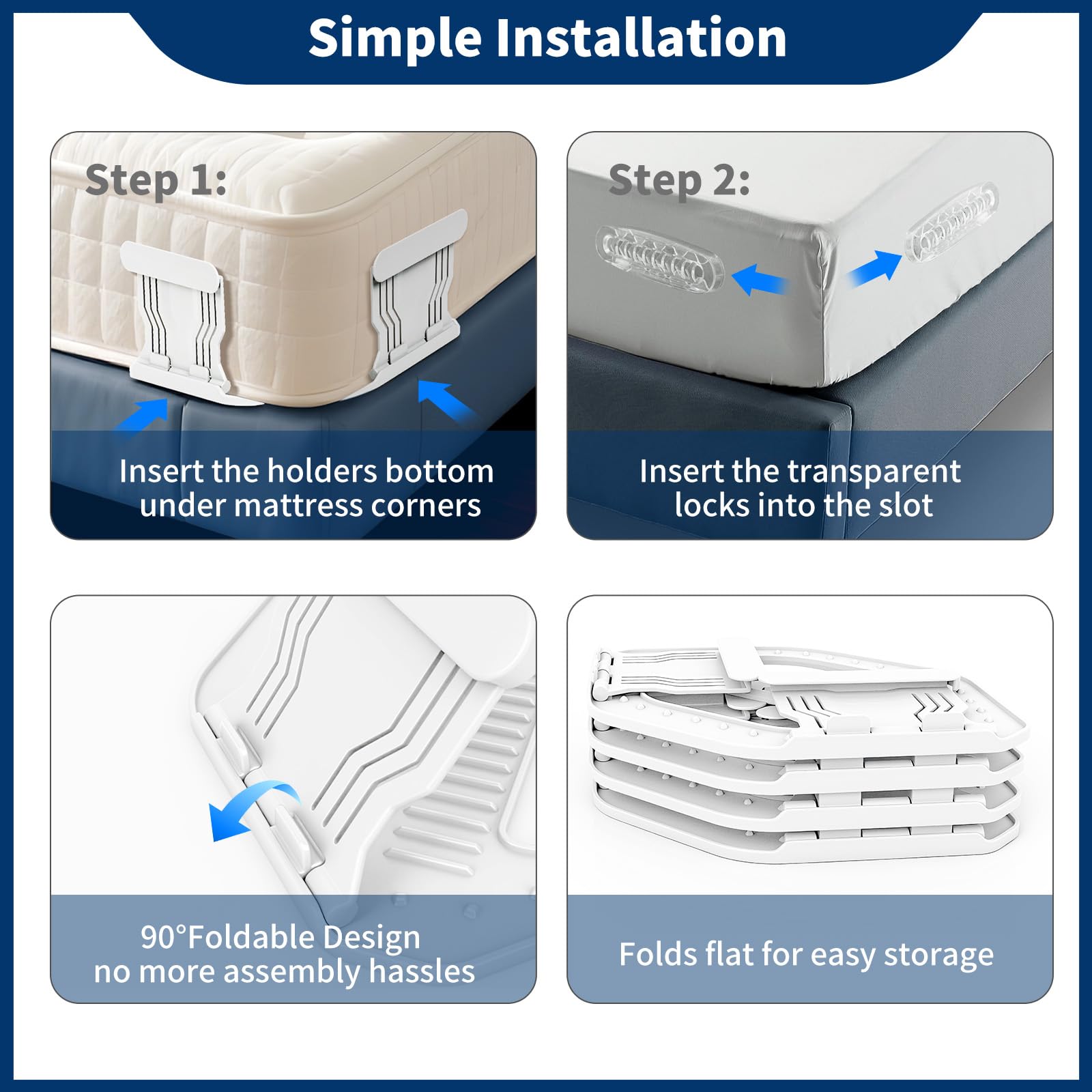 AMOVO Bed Sheet Holders for Corners Keep Sheets in Place Firmly - Foldable Fitted Sheet Holders Heavy Duty Sheet Locks Mattress Sheet Fasteners, Set of 4 Lock Sheet Clips (White) 🍁 All In One Marketplace Canada