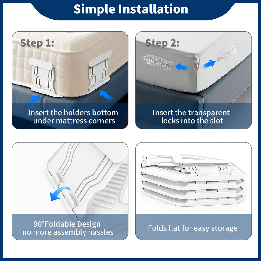 AMOVO Bed Sheet Holders for Corners Keep Sheets in Place Firmly - Foldable Fitted Sheet Holders Heavy Duty Sheet Locks Mattress Sheet Fasteners, Set of 4 Lock Sheet Clips (White) 🍁 All In One Marketplace Canada