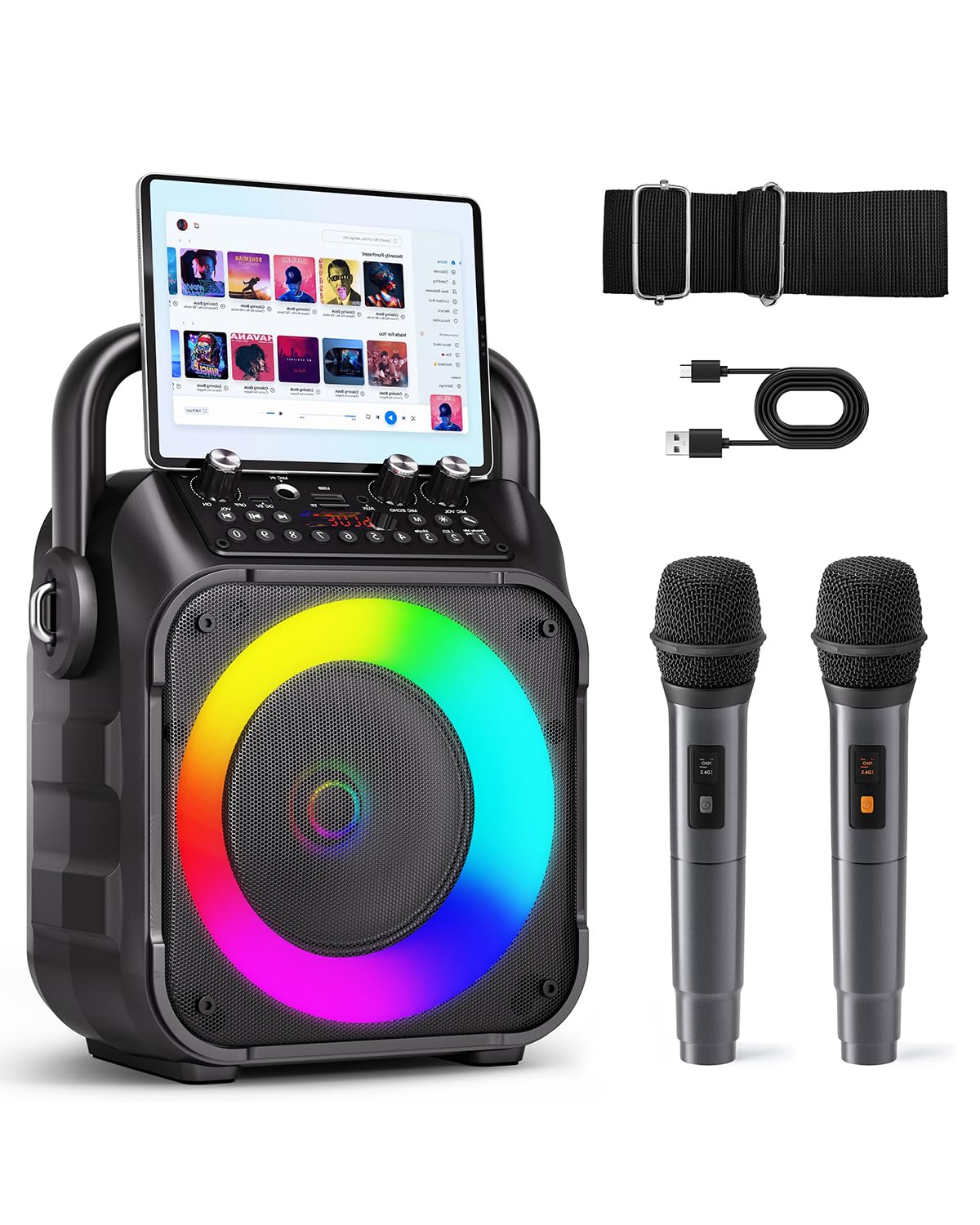Karaoke Machine for Adults Kids, Portable Bluetooth Karaoke Speaker with 2 Wireless Microphones System with Lights, PA System for Home Party Supports USB/TF/REC/FM/AUX(No Screen Included) 🍁 All In One Marketplace Canada