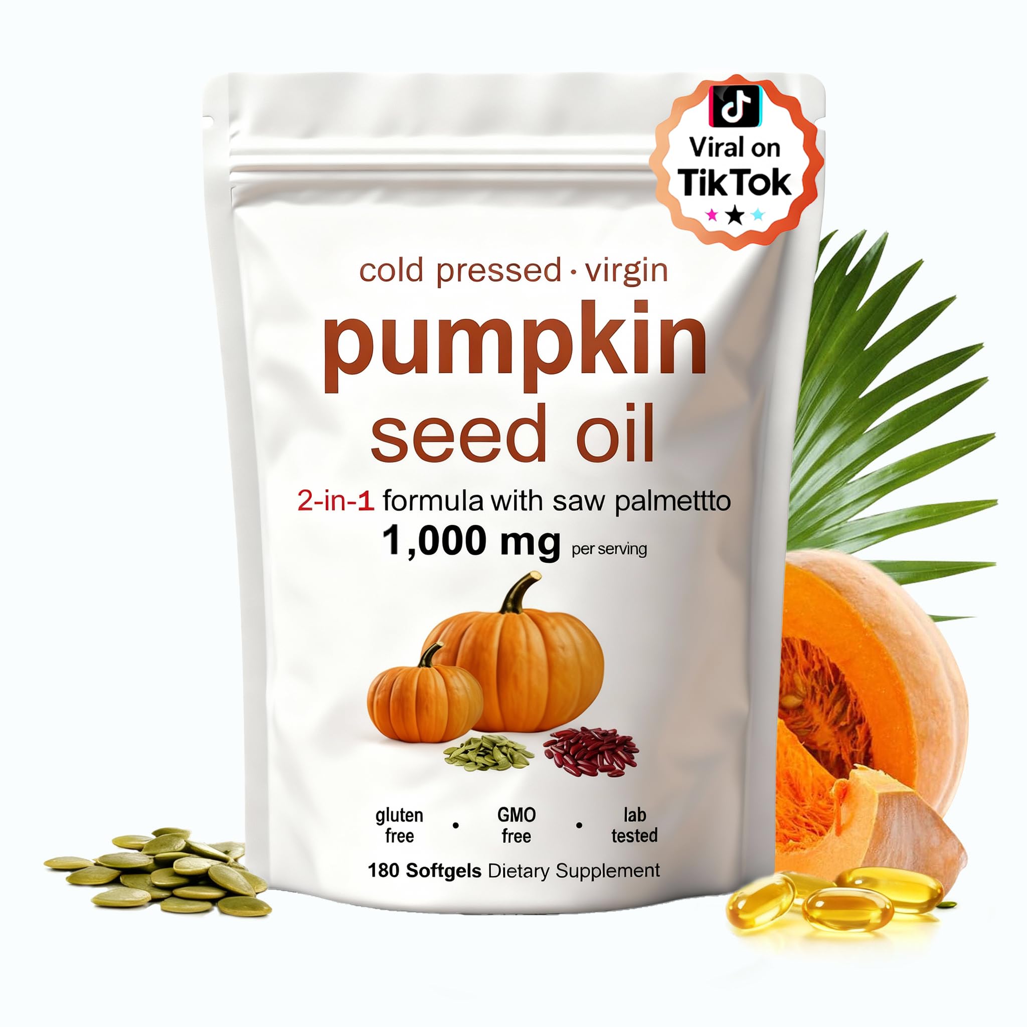KITABIO Pumpkin Seed Oil Capsules | Pumpkin Seed Oil with Saw Palmetto - Cold-Pressed | Easy-to-Swallow Softgels – Resealable Package | Non-GMO - 180 Pc/1 Bag (Z-1) 🍁 All In One Marketplace Canada
