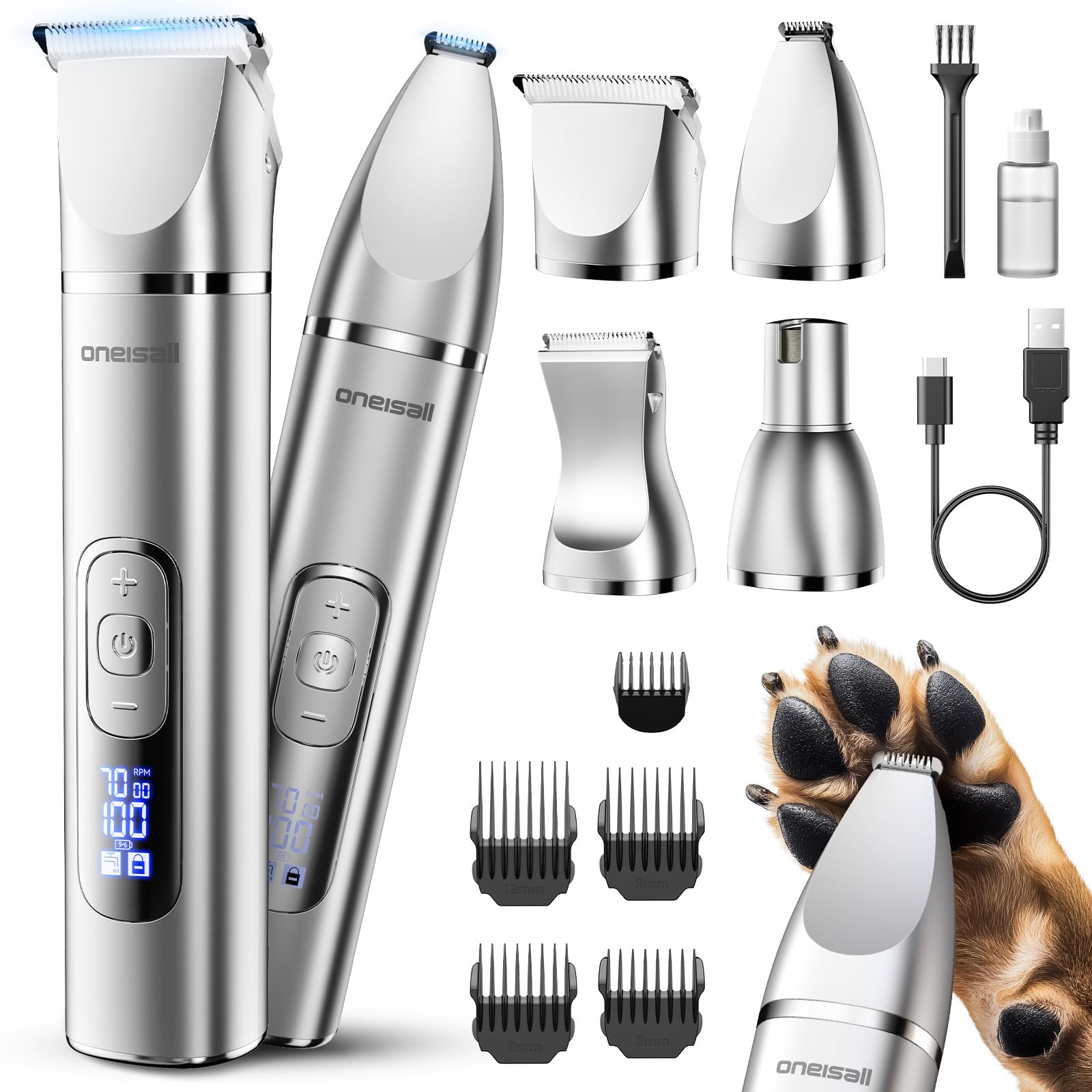 oneisall 4 in 1 Dog Grooming Kit with LCD Display, Dog Hair Trimmer for Paw Nail Grinder, Rechargeable Cordless Low Noise IPX7 Waterproof Pet Clippers 🍁 All In One Marketplace Canada