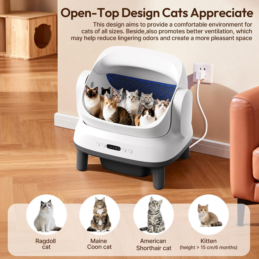 Happypaw Open-Top Self Cleaning Litter Box - Large Capacity Automatic Litter Box for Multiple Cats with Safety Protection, App Control, Odor-Free, Anti-Leakage Material, Includes Trash Bags 🍁 All In One Marketplace Canada
