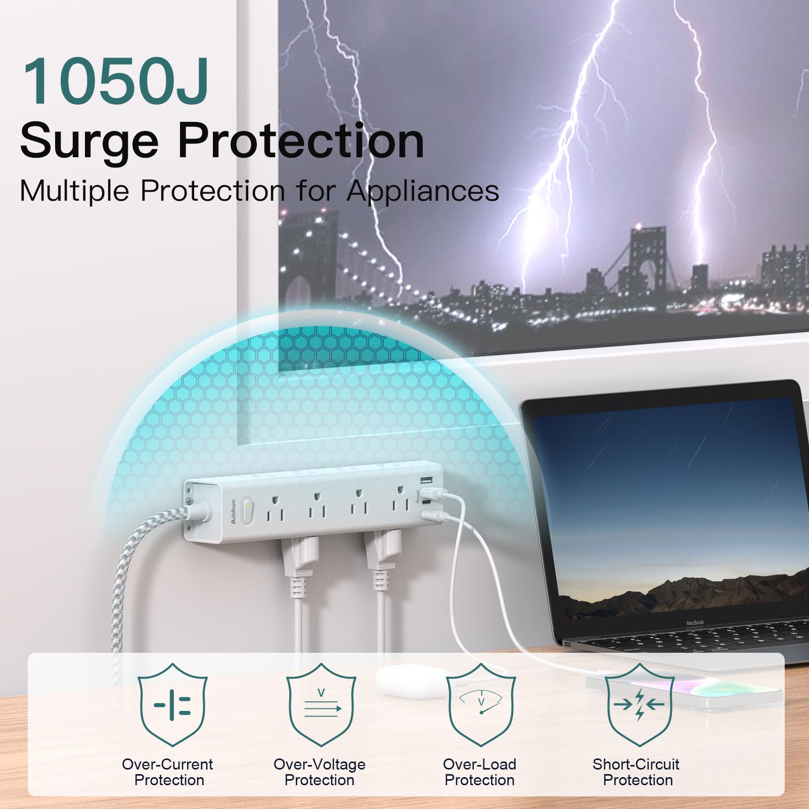 Surge Protector Power Bar - 10 FT Extension Cord, Power Strip with 12 Widely AC Outlet 4 USB, Flat Plug, Wall Mount Overload Protection, 1050J, Desk Charging Station for Dorm Home Office 🍁 All In One Marketplace Canada