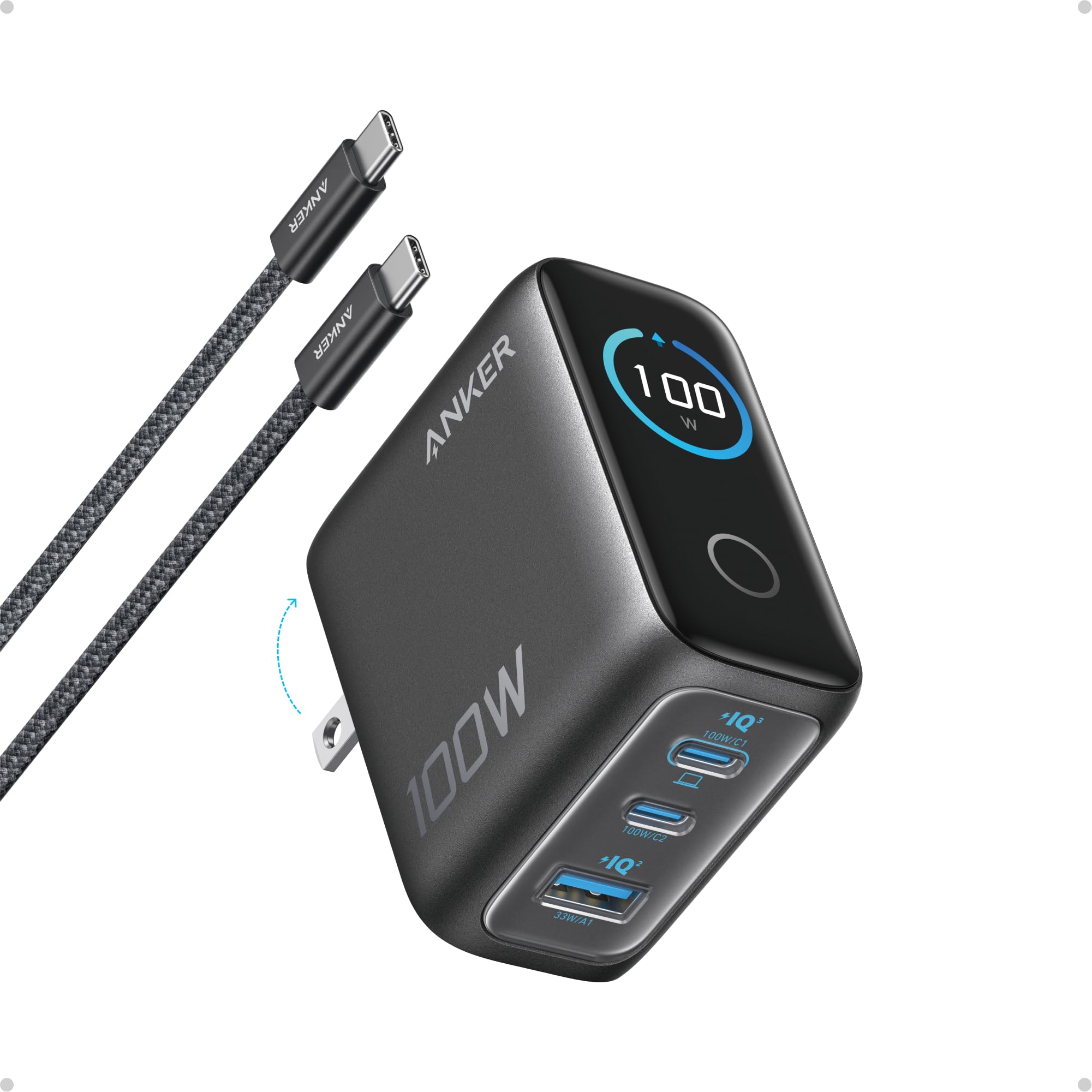 Anker Charger, 100W Max USB C Charger Block, 3-Port GaN and Ultra-Compact Wall Adapter, Smart Displayand Touch Control, for MacBook, iPad, iPhone 17/16 Series, and More (Non-Battery) (Black) 🍁 All In One Marketplace Canada