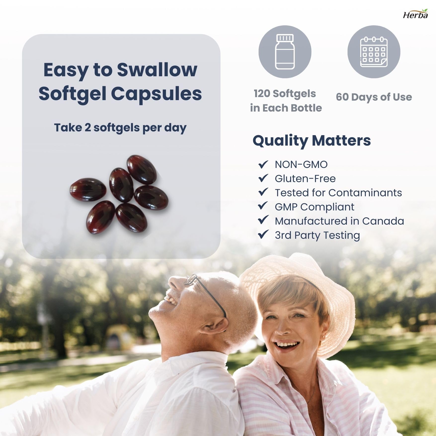 Herba Krill Oil Omega 3 Supplements - 120 Softgels | 1000mg of Antarctic Krill Oil Per Day (2 softgels 500mg each) | Source of Omega 3 Fatty Acids | High Astaxanthin | Premium Grade - 500mg per Soft Gel | Made in Canada 🍁 All In One Marketplace Canada