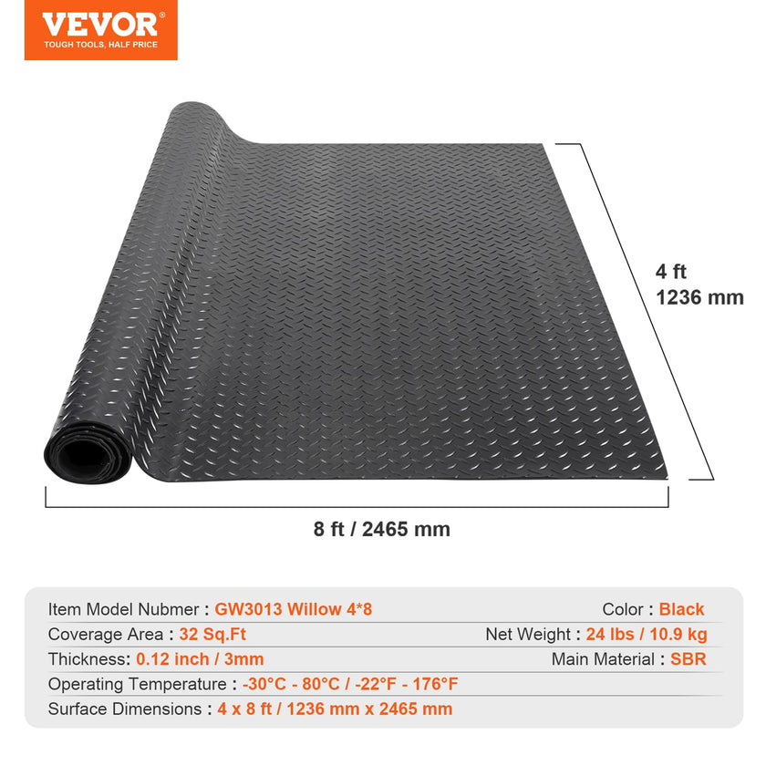 VEVOR Diamond-Plate Rubber Flooring Roll, 3 mm x 4 ft x 8 ft Garage Floor Mat, SBR Rubber Flooring Roll, Easy to Clean, Diamond Plate Mat for Under Cars, Garage Industry Gym, Black 🍁 All In One Marketplace Canada