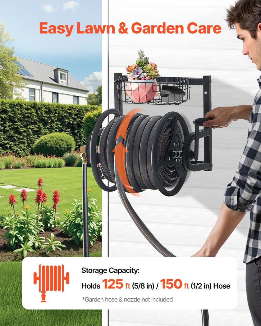 VEVOR Wall Mounted Garden Hose Reel, Holds 125 ft 5/8-inch Hose, Heavy-Duty Water Hose Winder, Space-Saving Design, Outdoor Manual Reel with Brass Fitting and Storage Basket for Yard Lawn 🍁 All In One Marketplace Canada