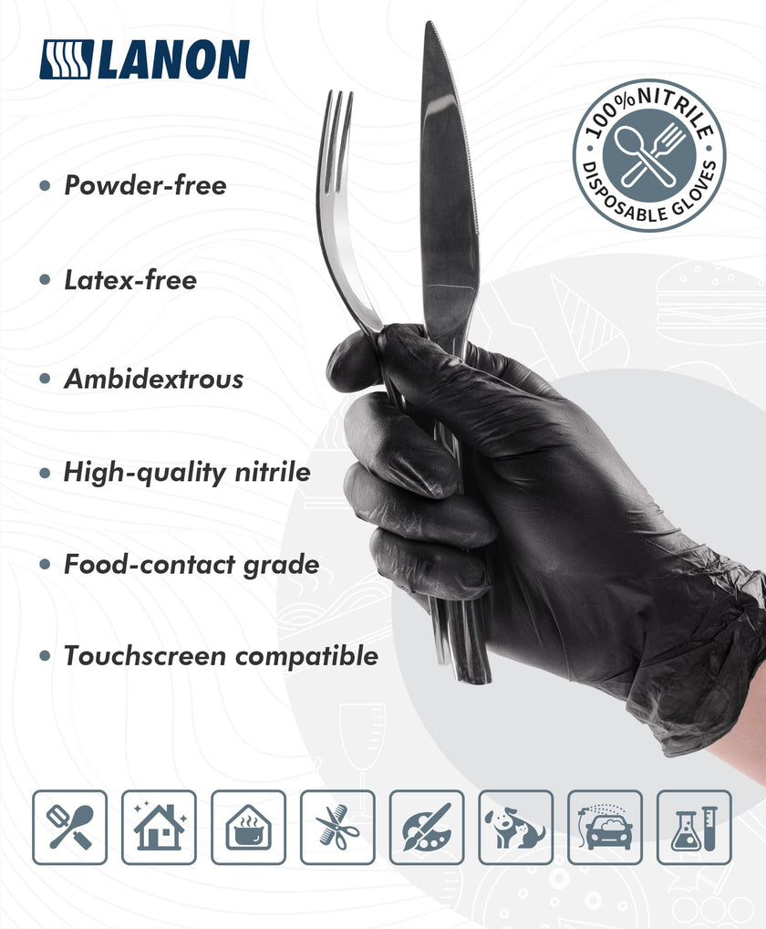 LANON Food Safe Disposable Black Nitrile Gloves, Latex-Free, Powder-Free, Silicone-Free, Textured Fingertips, Cooking, Medium 🍁 All In One Marketplace Canada