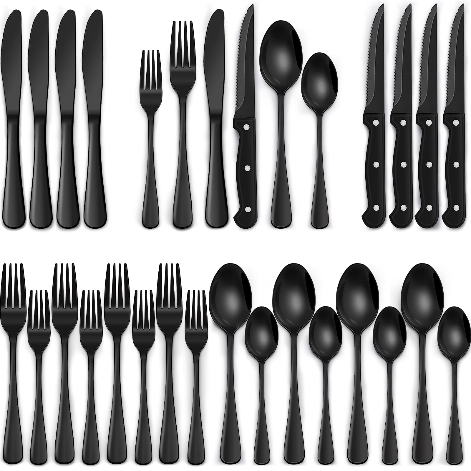 24-Piece Black Silverware Set with Steak Knives, Black Flatware Set for 4, Food-Grade Stainless Steel Tableware Cutlery Set, Mirror Finished Utensil Sets for Home Restaurant 🍁 All In One Marketplace Canada