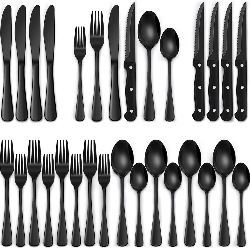 24-Piece Black Silverware Set with Steak Knives, Black Flatware Set for 4, Food-Grade Stainless Steel Tableware Cutlery Set, Mirror Finished Utensil Sets for Home Restaurant 🍁 All In One Marketplace Canada
