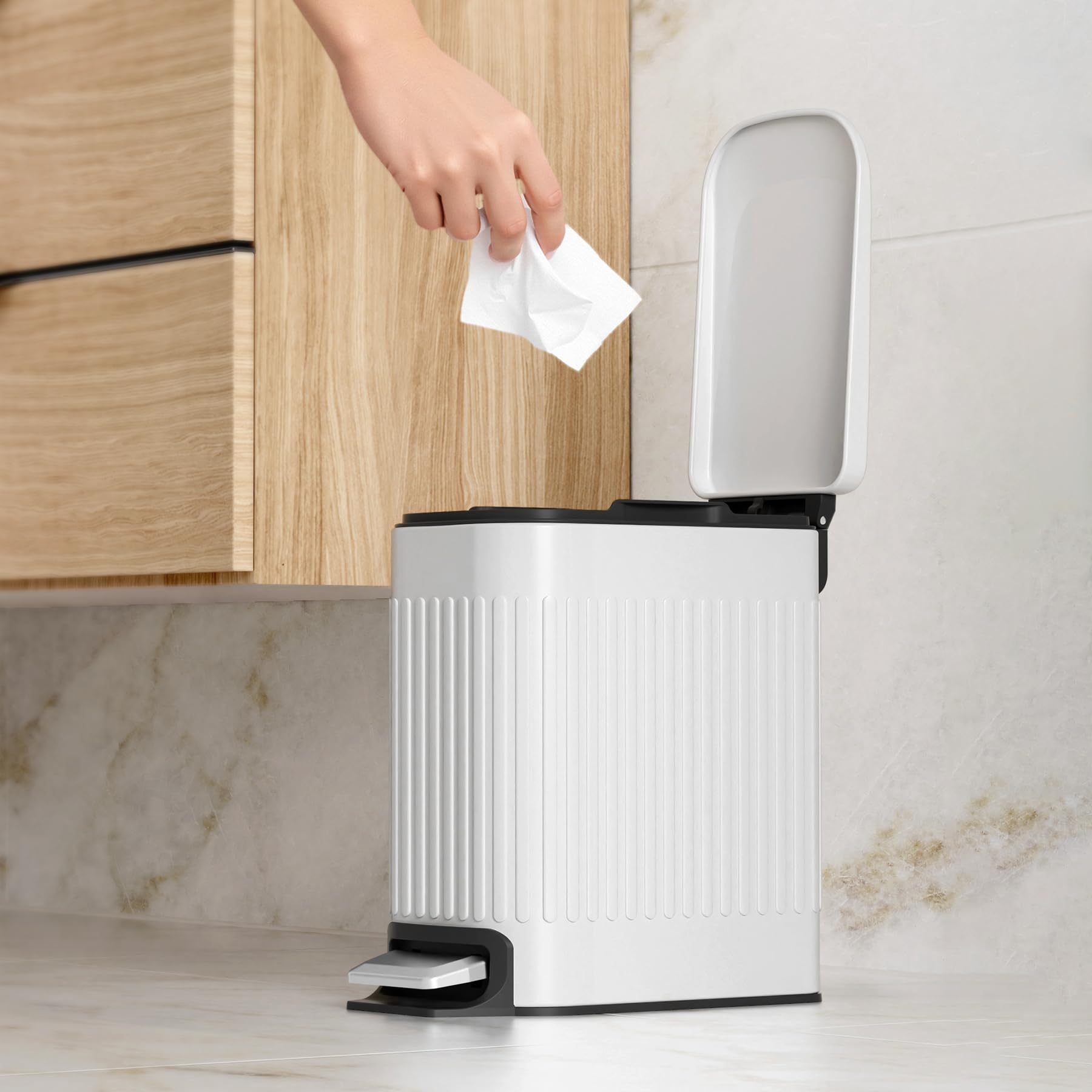 TrashAid Slim Bathroom Trash Can with Lid Soft Close, 6 Liter/1.6 Gallon Stainless Steel Small Garbage Can with Removable Inner Bucket, Step Pedal, Slim Wastebasket for Toilet, Office, Bedroom, White 🍁 All In One Marketplace Canada