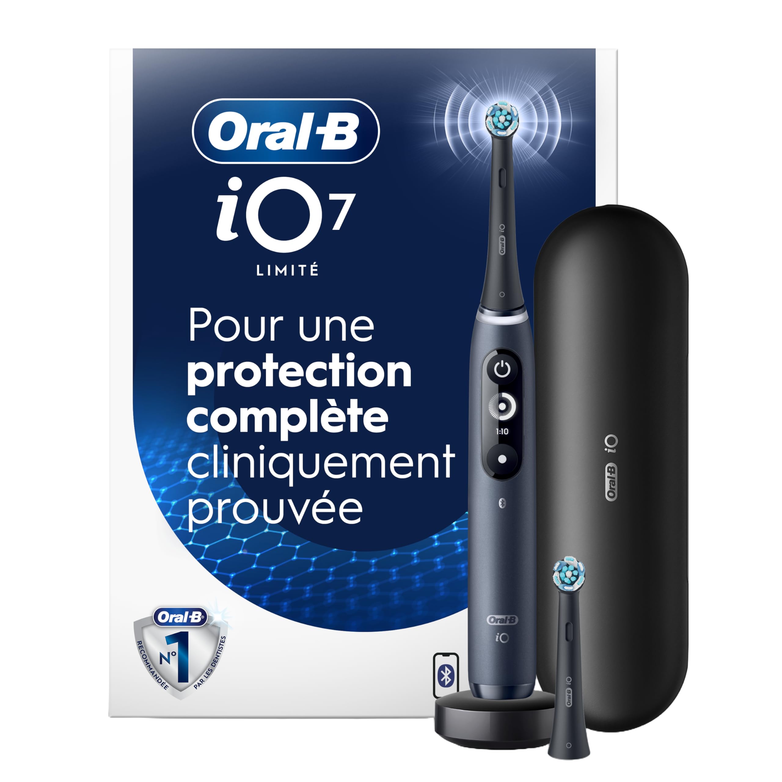 Oral-B iO Deep Clean + Protect Rechargeable Electric Toothbrush, Black with Visible Pressure Sensor, 5 Cleaning Settings, 2 Min Timer, a iO Series 7 Toothbrush, 2 Replacement Brush Heads, and Charging Travel Case 🍁 All In One Marketplace Canada