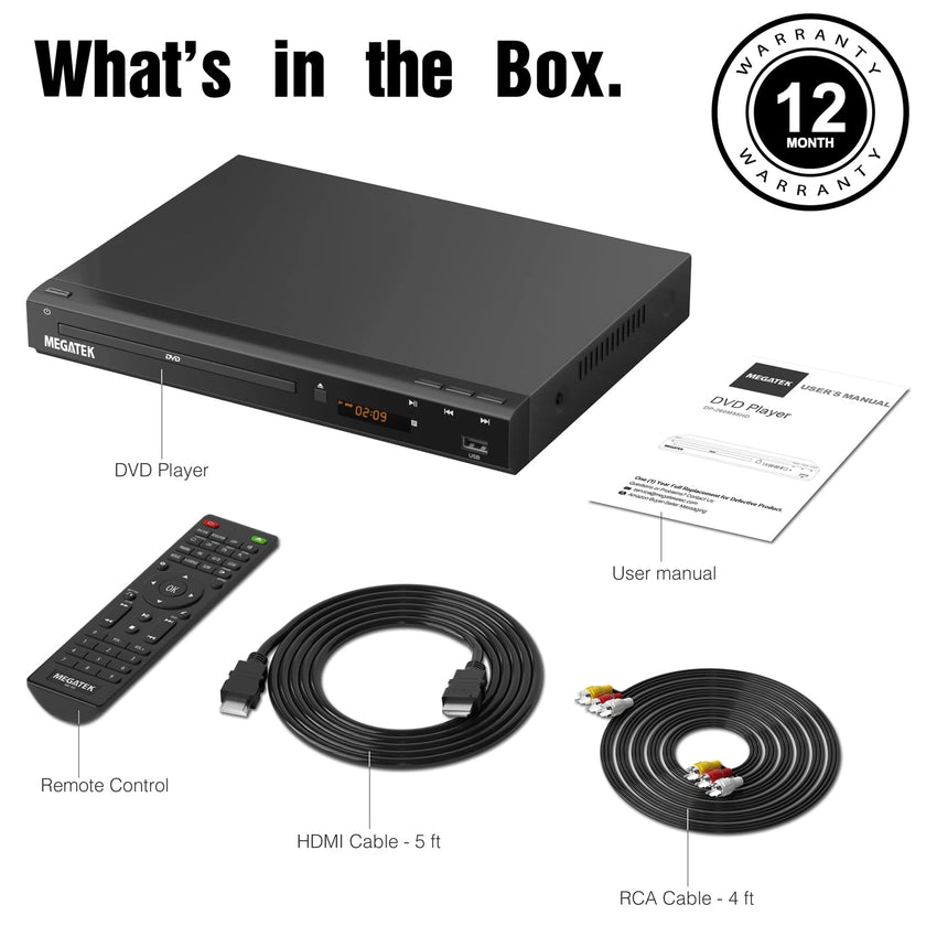 MEGATEK Region-Free HDMI DVD Player for TV, Compact CD/DVD Player with USB Port, Plays All Region DVDs & Multi Formats, Metal Housing, HDMI/RCA Cables & Remote Included 🍁 All In One Marketplace Canada