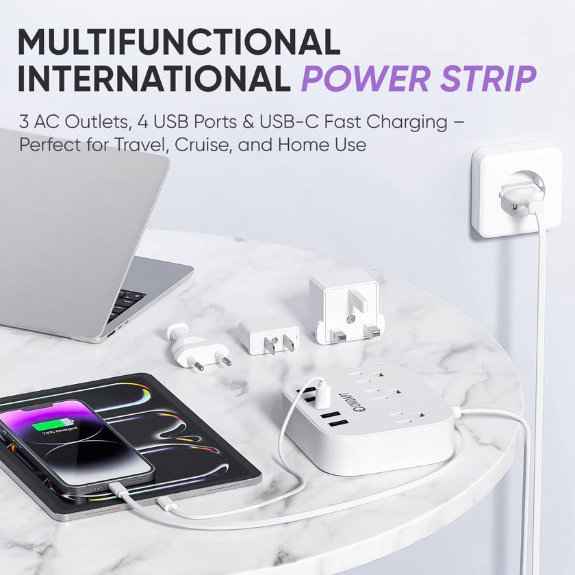 Unidapt European Plug Adapter, Unidapt US to UK Europe Power Strip for EU/UK/US with USB C and 4 USB Ports, 3 AC Outlets, Wall Mountable, 5ft Cord, for Travel Cruise Ship Home (WSS-603) 🍁 All In One Marketplace Canada