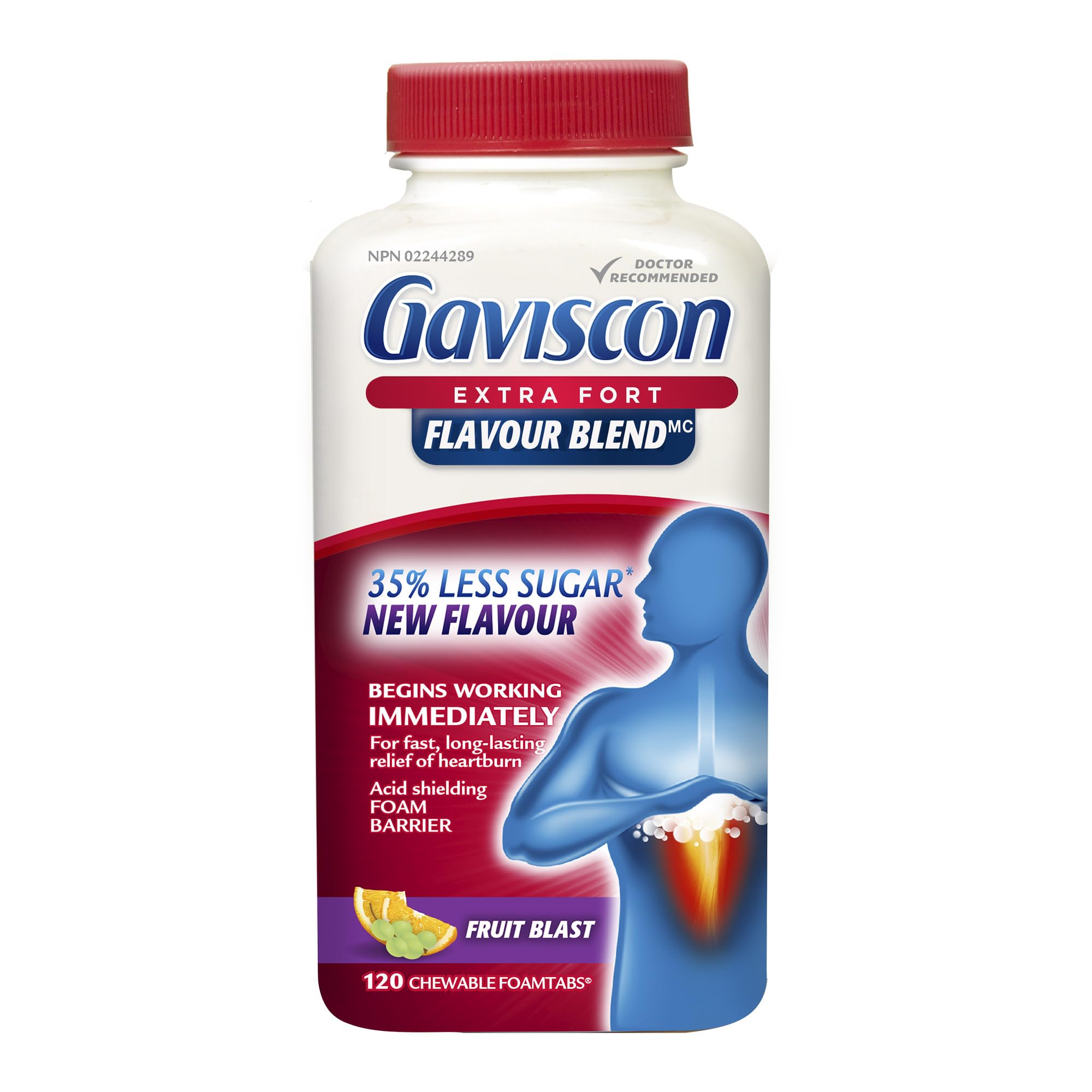 Gaviscon Extra Strength Flavour Burst Tablets - 120 Count - Chewable Foaming Antacid Tablets for Day and Night Heartburn Relief, Acid Reflux and GERD Relief, Fruit Blast - Free of Aluminum, Lactose and Gluten 🍁 All In One Marketplace Canada