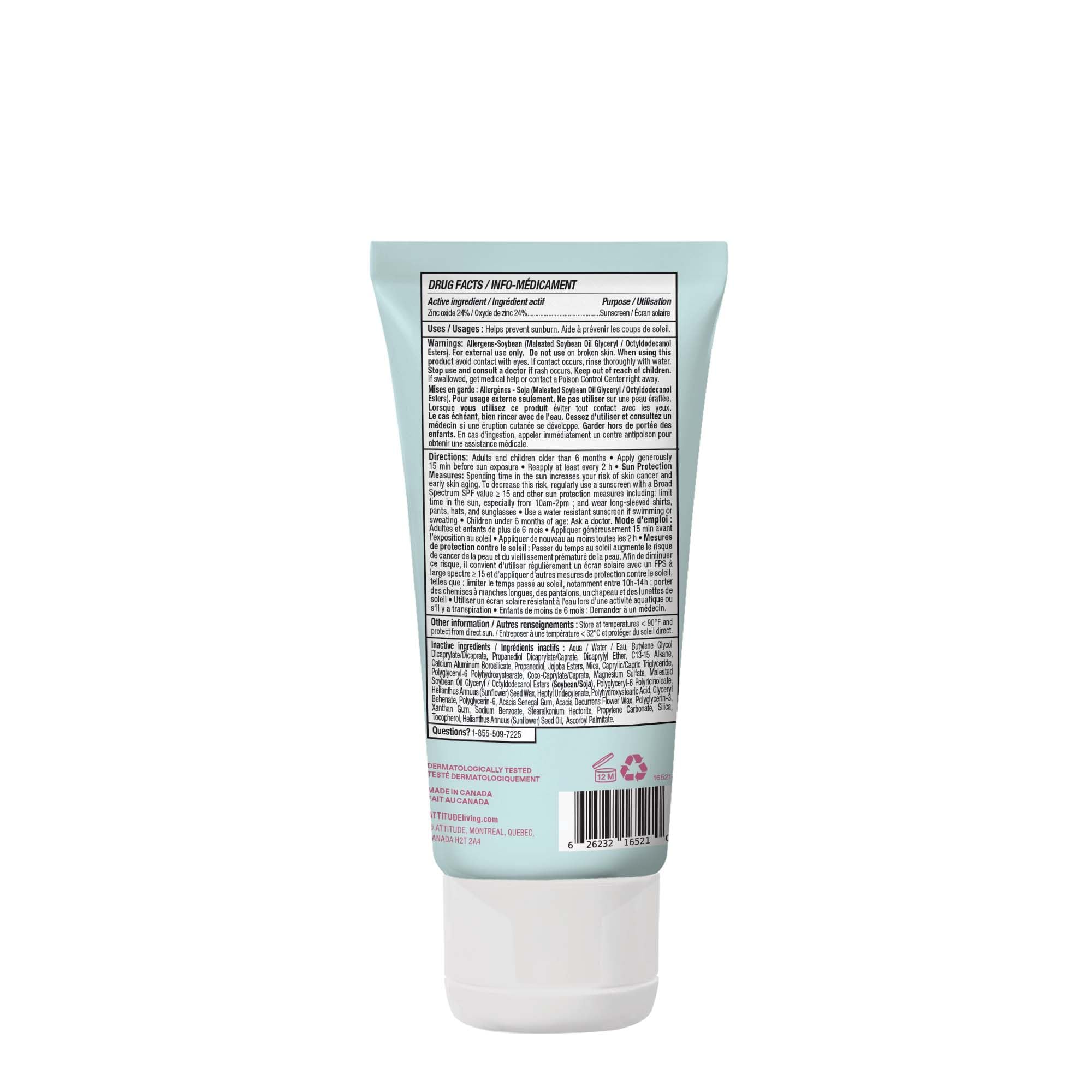 ATTITUDE Baby Mineral Sunscreen SPF 50, Broad Spectrum Zinc Oxide, EWG Verified, Mineral-Based, Non-Nano, Lightweight Cream for Face & Body, Gentle Formula, Unscented, 80 grams 🍁 All In One Marketplace Canada
