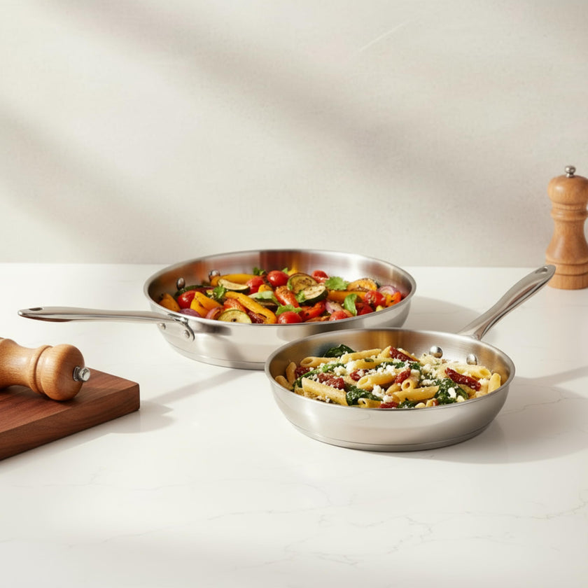 Lagostina Moderna 2 Piece Stainless Steel Pan Set (26cm / 10in and 30cm / 12in), Commercial Capsule Base, Induction Safe Cookware, Dishwasher and Oven Safe up to 400ºF / 204ºF, Silver 🍁 All In One Marketplace Canada