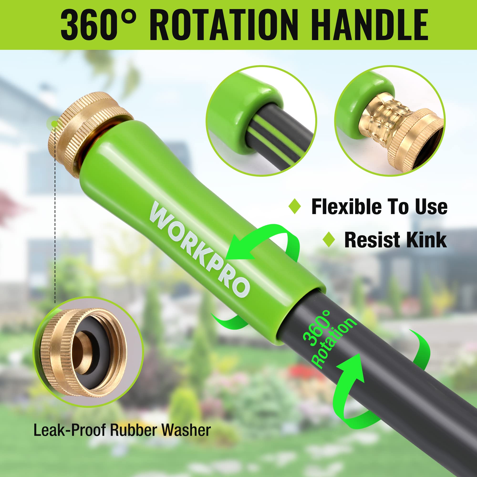 WORKPRO Garden Hose 5/8 in x 10 FT, Heavy Duty, Flexible, Lightweight Water Hose with 360° Rotation Handle, 3/4