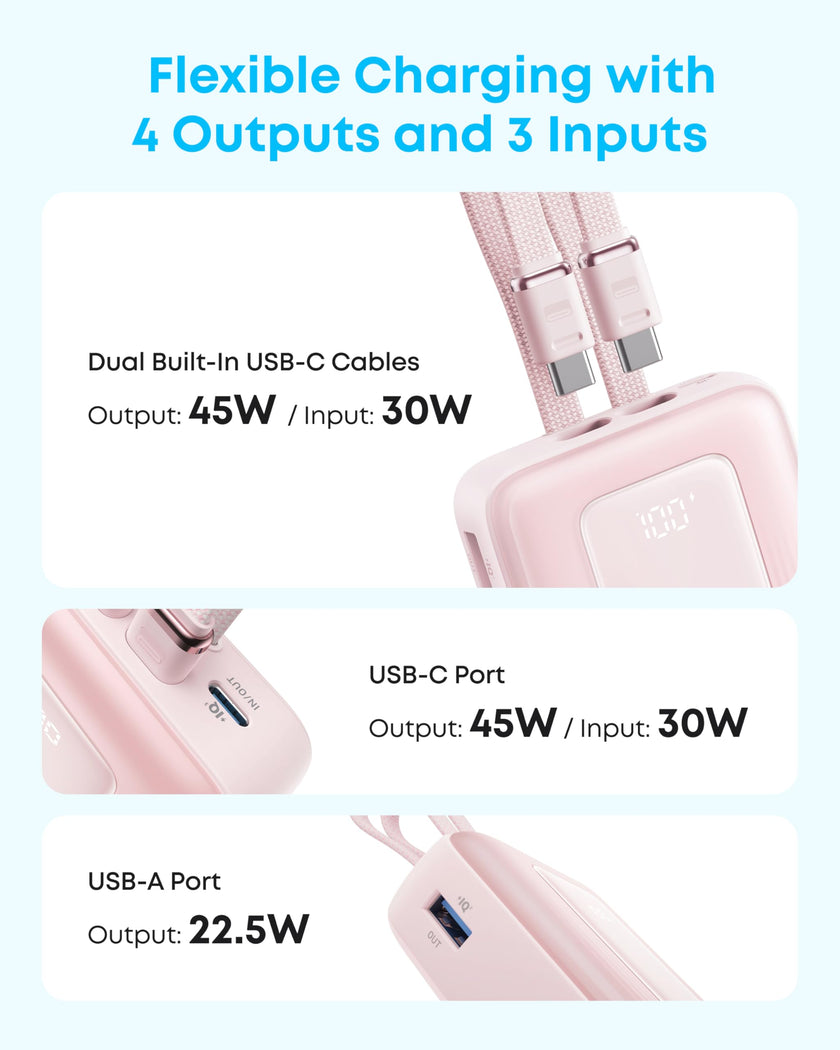Anker Zolo Power Bank, 20,000mAh 45W Max Fast Portable Charger with Built-in USB-C Cable, USB C&A, 40W Battery Pack for iPhone 17 Series, MacBook, Samsung, and More (Built-in C Cable*2) 🍁 All In One Marketplace Canada