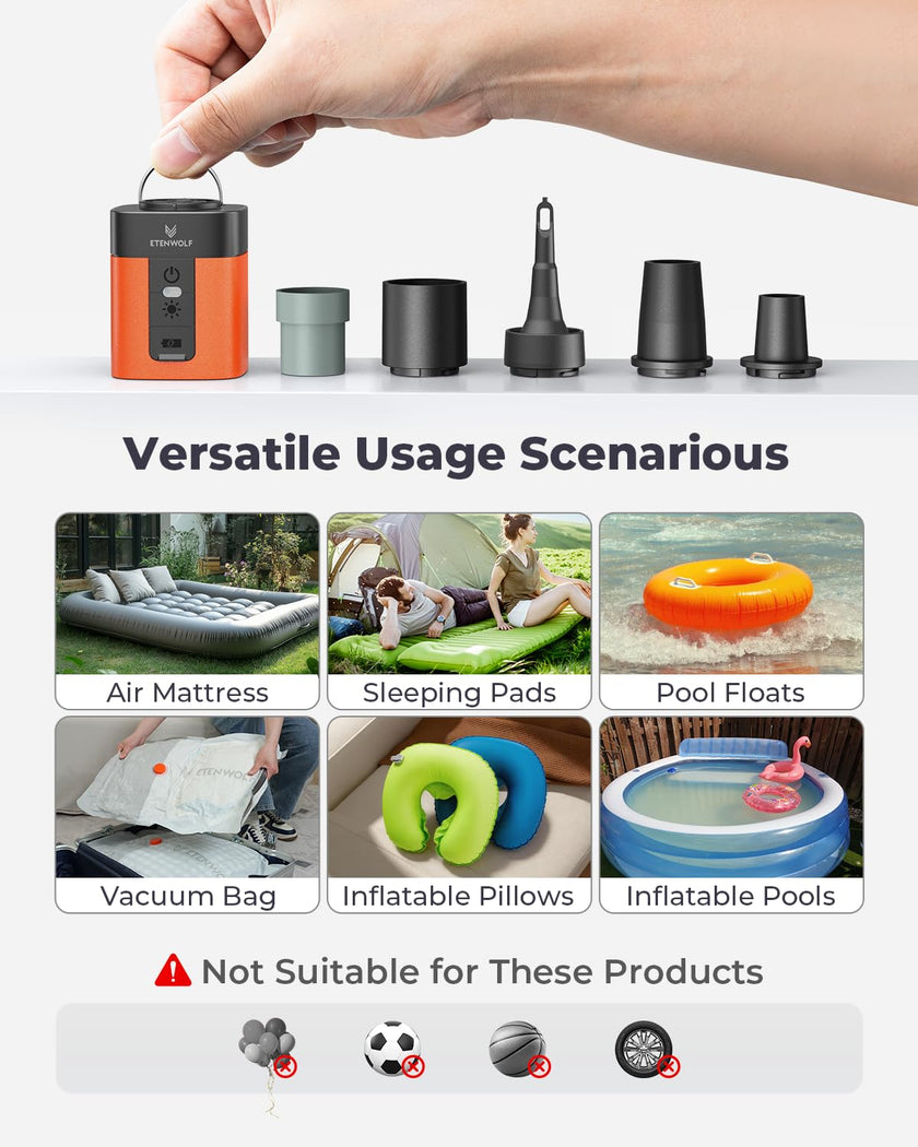 ETENWOLF AIR 3 Air Pump for Inflatables with 2600 mAh Battery & Camping Light, Ultra-Fast and Mini Electric Air Pump, Inflate Deflate for Air Mattress, Pool Floats, Vacuum Storage Bags, Vivid Orange 🍁 All In One Marketplace Canada