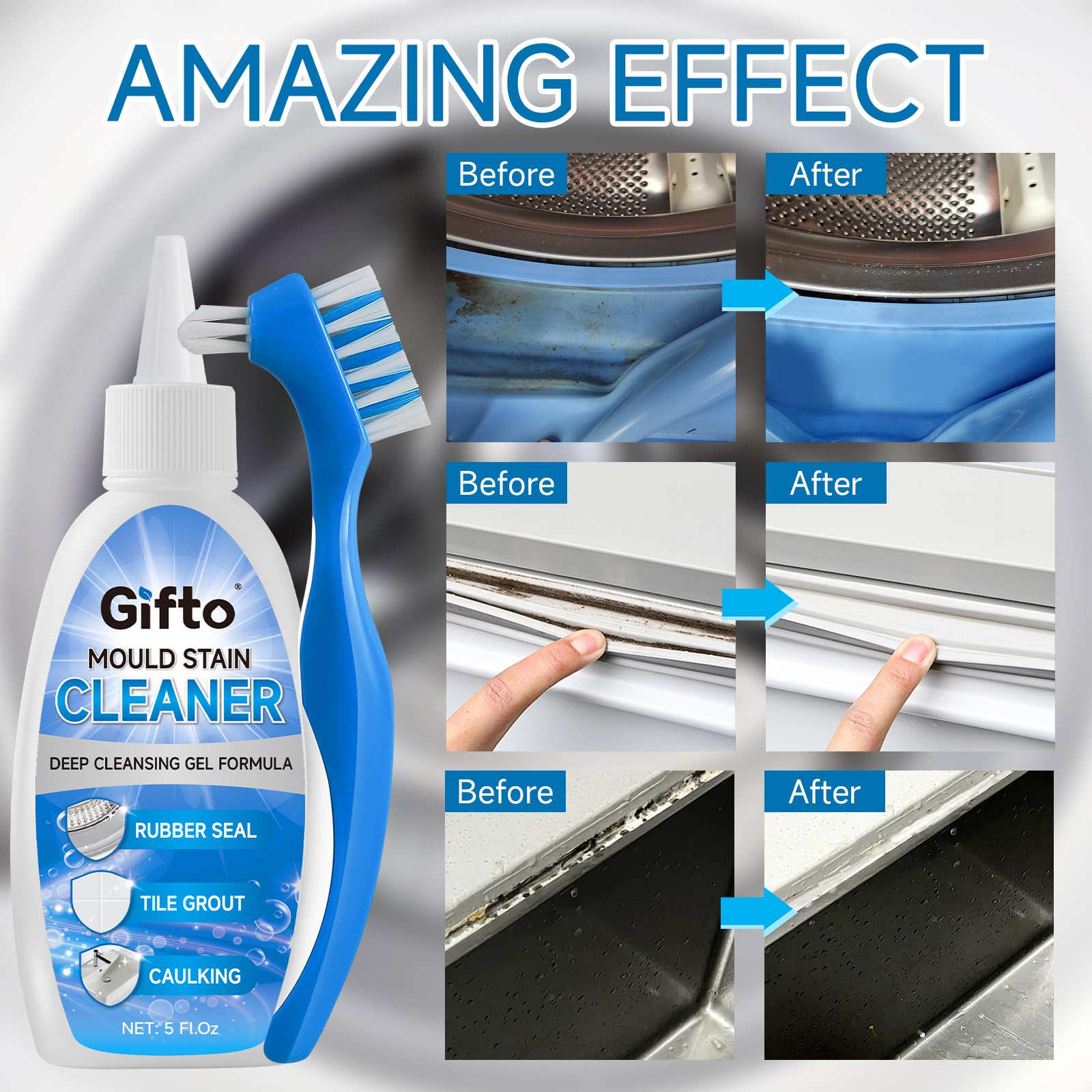 Mould Stain Remover Gel Washing Machine Cleaner, Grout Cleaner with Cleaning Brush, Black Stain Remover for Washer Kitchen Sink Shower Toilet Bathtub Caulk Tile,Bathroom Whitener, 10 Fl Oz 🍁 All In One Marketplace Canada
