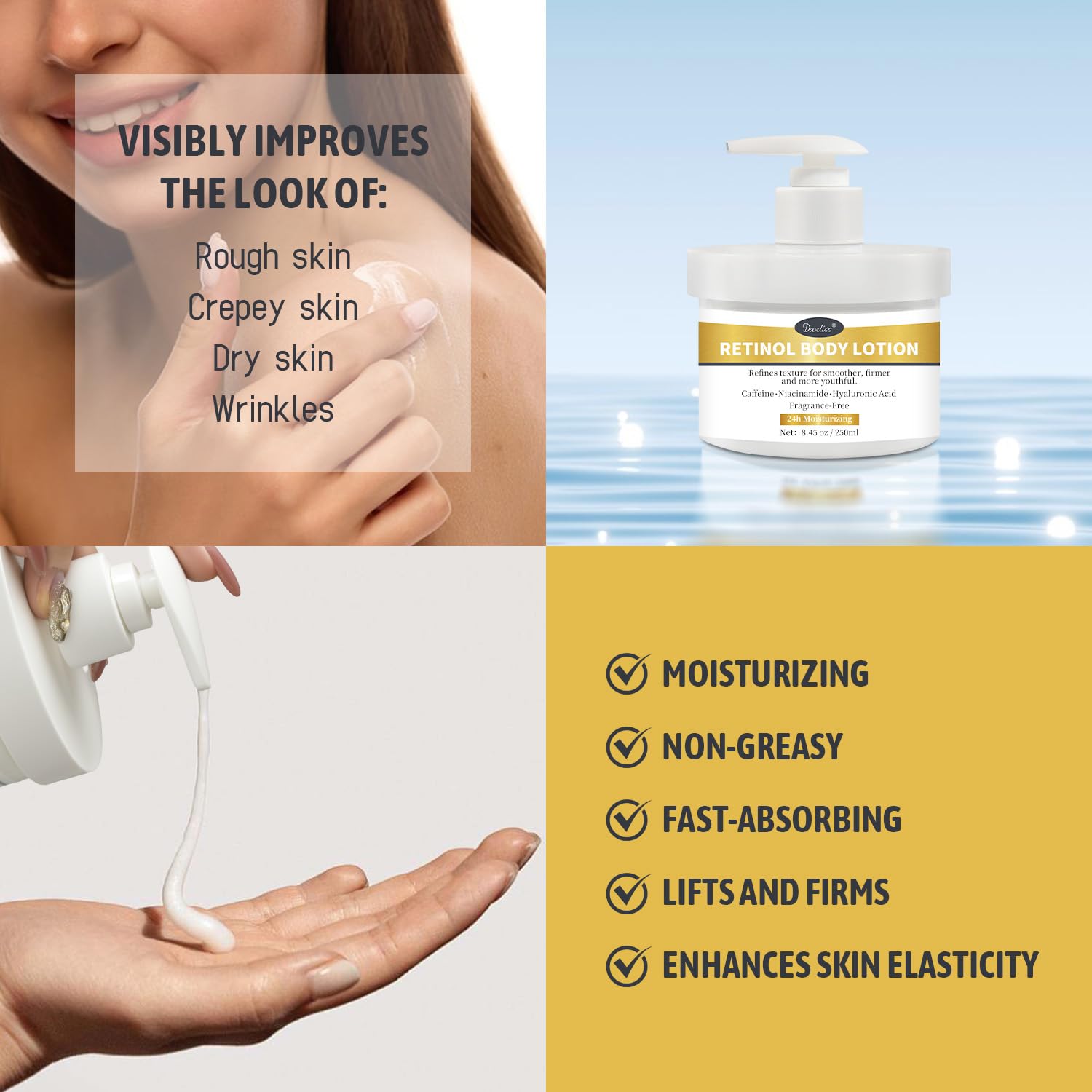 Retinol Body Lotion Fragrance-Free, Anti-Aging Firming Body Cream and Face Moisturizer with Niacinamide Hyaluronic Acid & Shea Butter, Helps Diminish the Look of Crepey Skin for Women & Men 250ml 🍁 All In One Marketplace Canada
