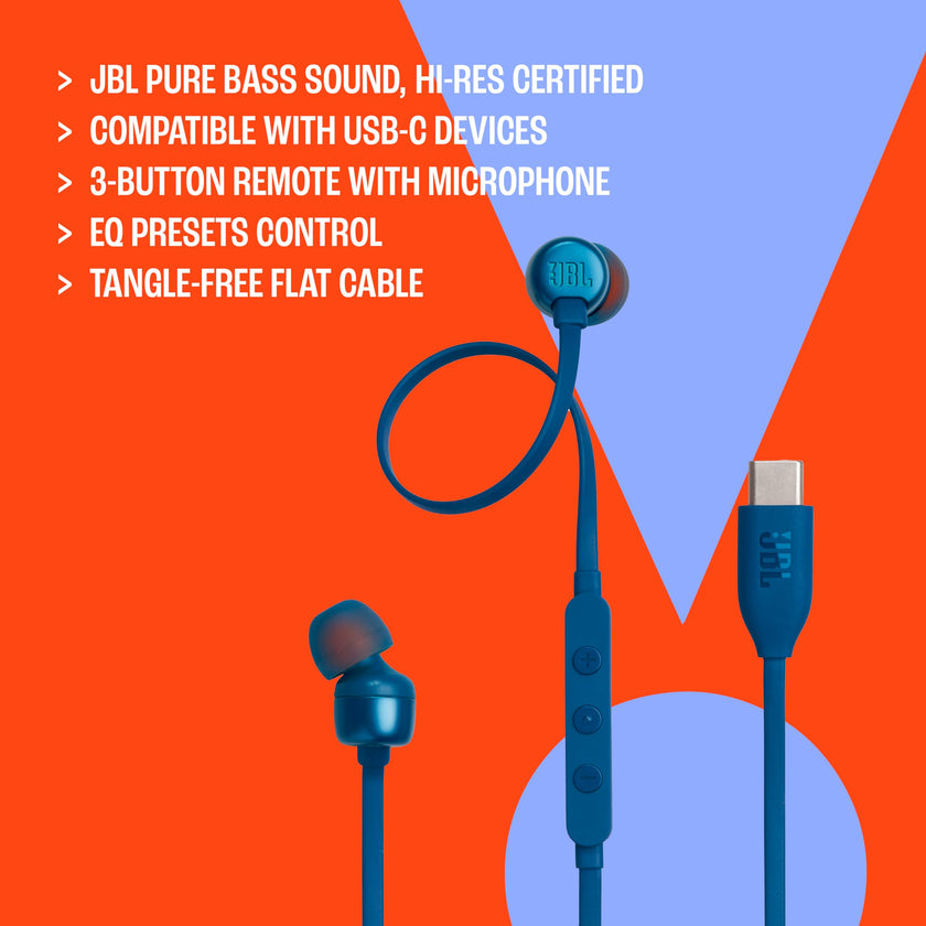 JBL Tune 310C - USB-C Wired Hi-Res in-Ear Headphones, Tangle-Free Flat Cable, 3-Button Remote with Microphone (Black) 🍁 All In One Marketplace Canada