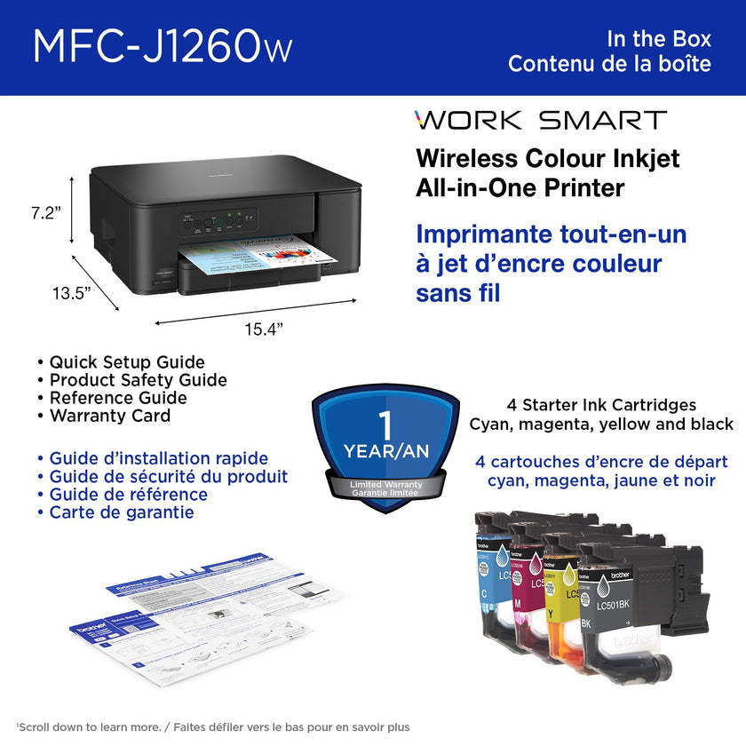 Brother MFC-J1260W Work Smart Wireless Colour Inkjet All-in-One Printer Scanner Copier for Home Office 150-Sheet Tray 16ppm Black 9ppm Colour with LC501 Starter Ink (MFCJ1260W) 🍁 All In One Marketplace Canada