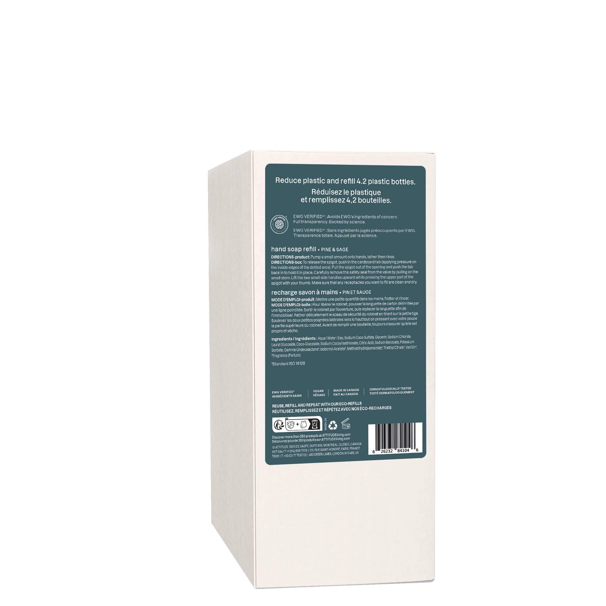 ATTITUDE Liquid Hand Soap Refill, EWG Verified, Made in Canada, Plant and Mineral-Based, Vegan Personal Care Products, Pine & Sage Scent, 2 L 🍁 All In One Marketplace Canada