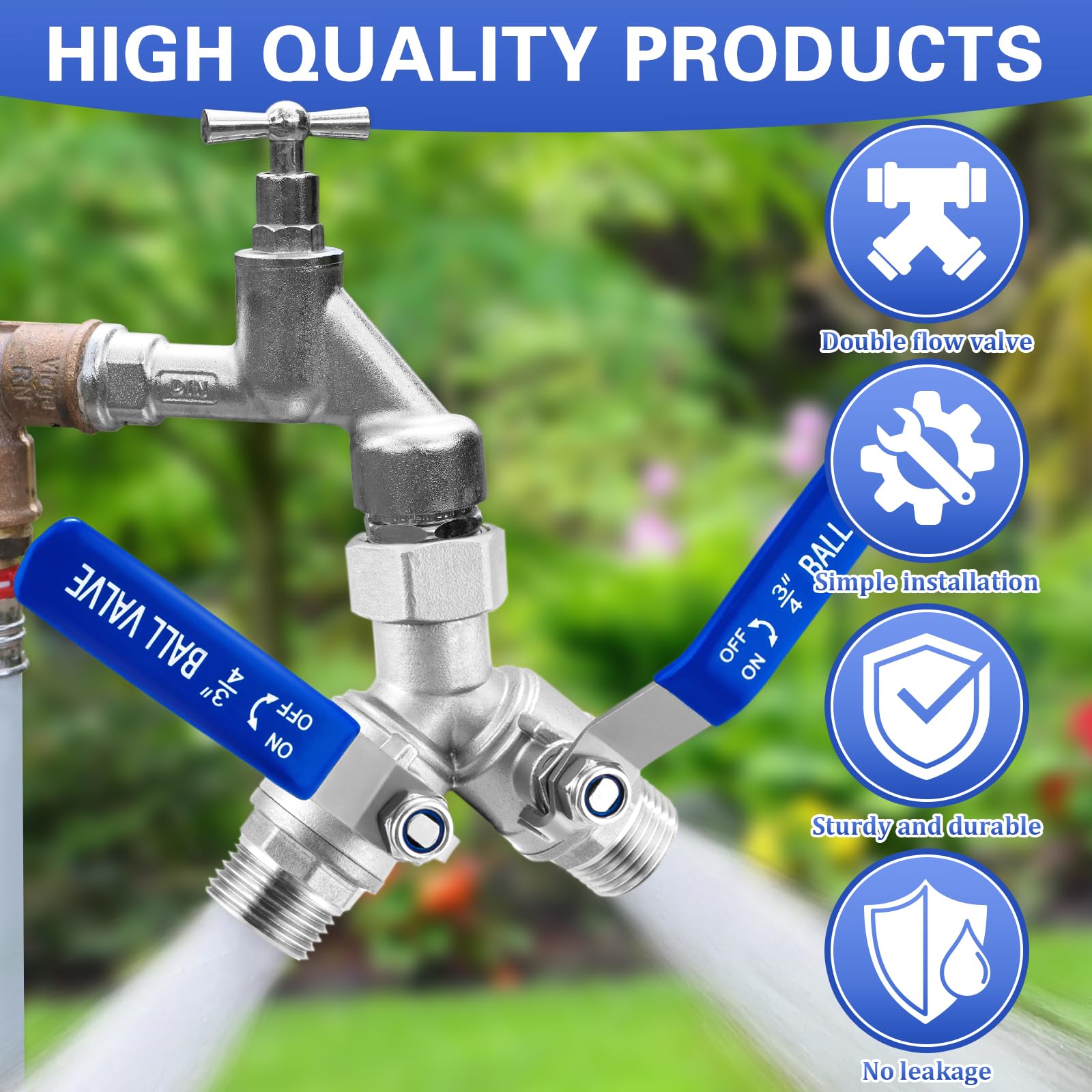 Garden Hose Splitter 2 Way, 304 Stainless Steel Heavy Duty Water Hose Splitter with Long Handle, 3/4
