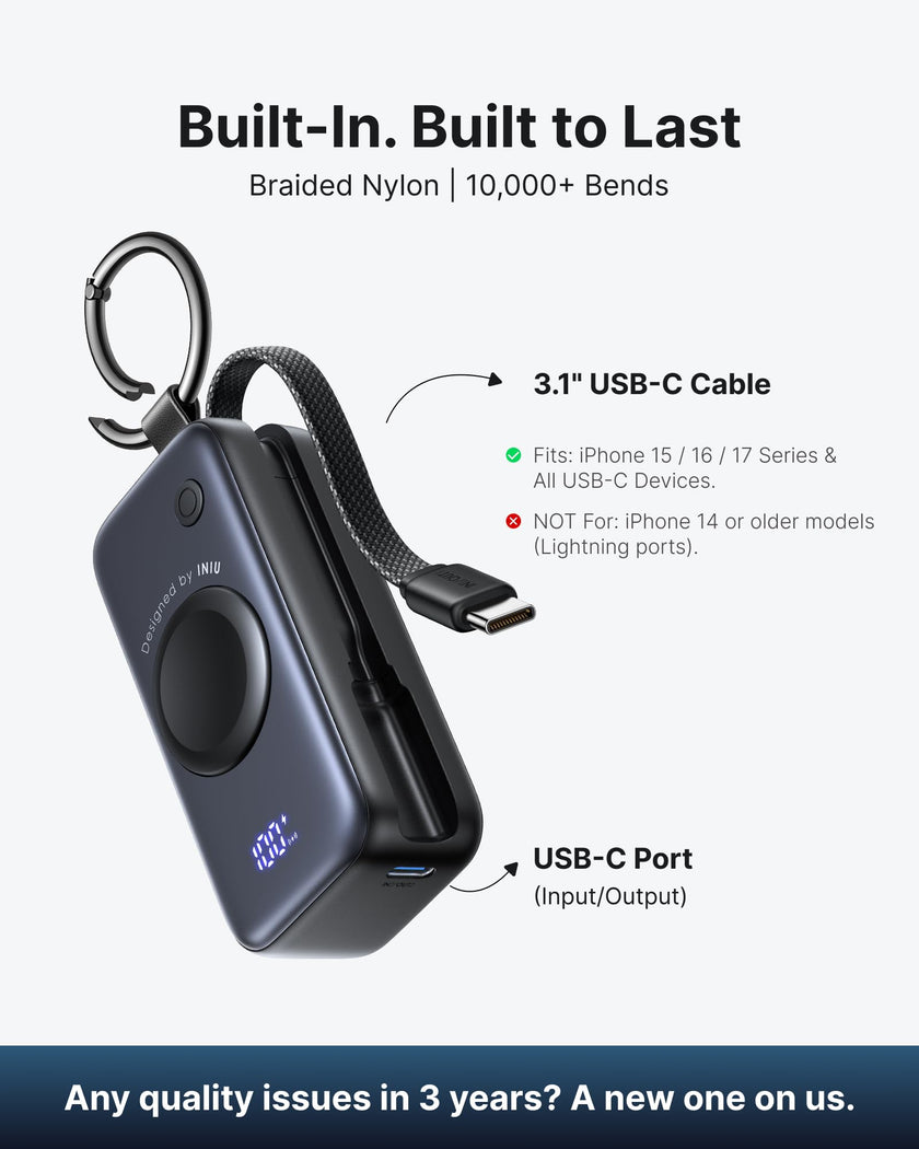 INIU Mini Portable Charger for Apple Watch, Power Bank with Built-in USB C Cable, 5000mAh 20W PD Fast Charging smart Watch Charging Dock for Apple Watch Ultra 11 10 9 8 SE, iPhone Air 17 16 15 Air 🍁 All In One Marketplace Canada