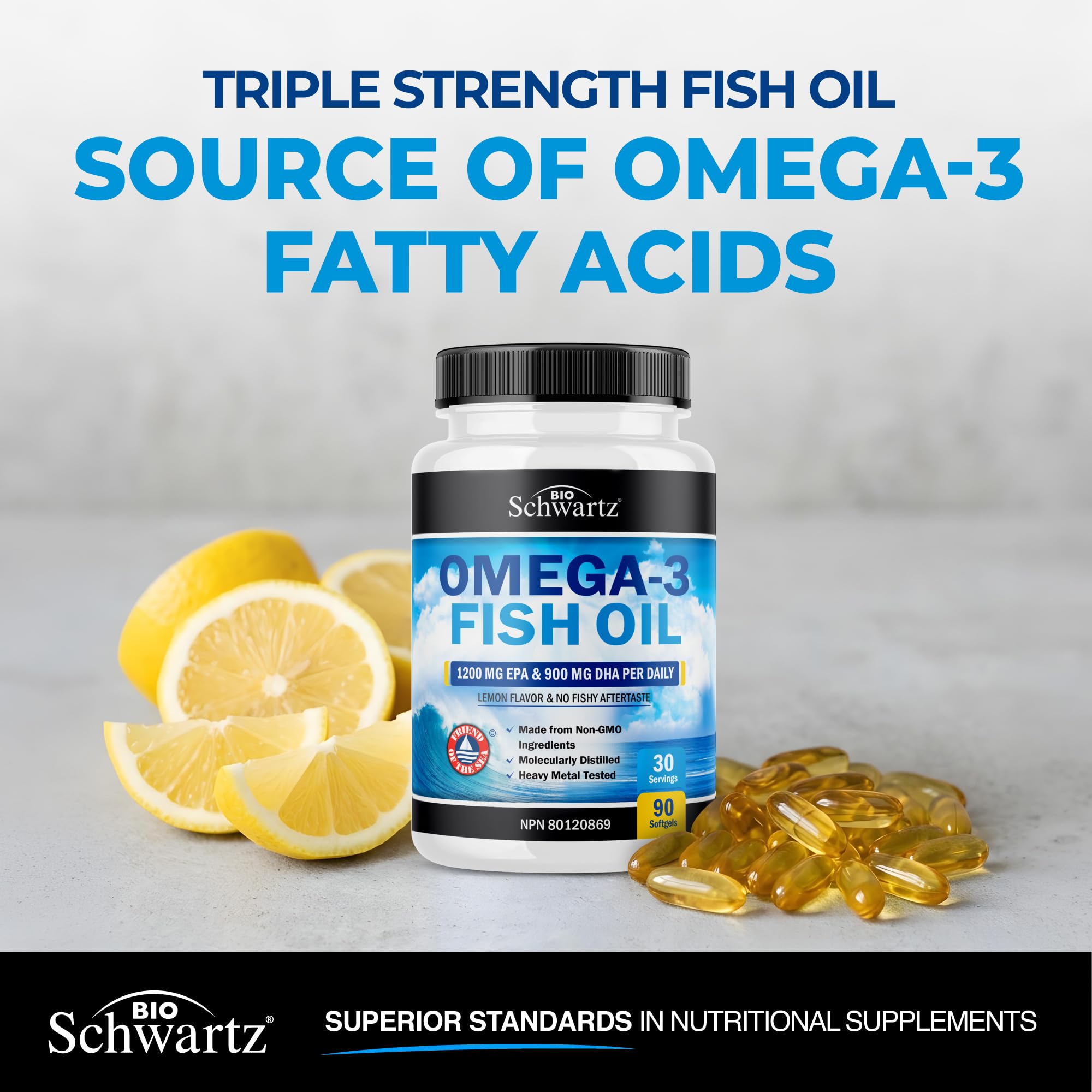 Fish Oil Omega 3 EPA & DHA 2250 mg | Burpless Lemon Flavor Triple Strength Supplement with Fatty Acids from Wild Icelandic Fish | Supports Joint, Eyes, Brain & Skin Health | Non GMO | 90 Softgels 🍁 All In One Marketplace Canada