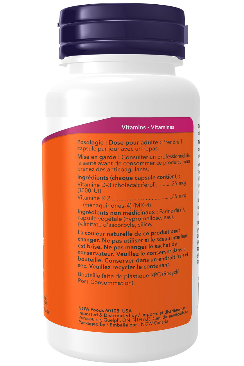 NOW Supplements, Vitamin D-3 & K-2, 1,000 IU/45 mcg, Plus Cardiovascular Support, Supports Bone Health, 120 Veg Capsules 🍁 All In One Marketplace Canada